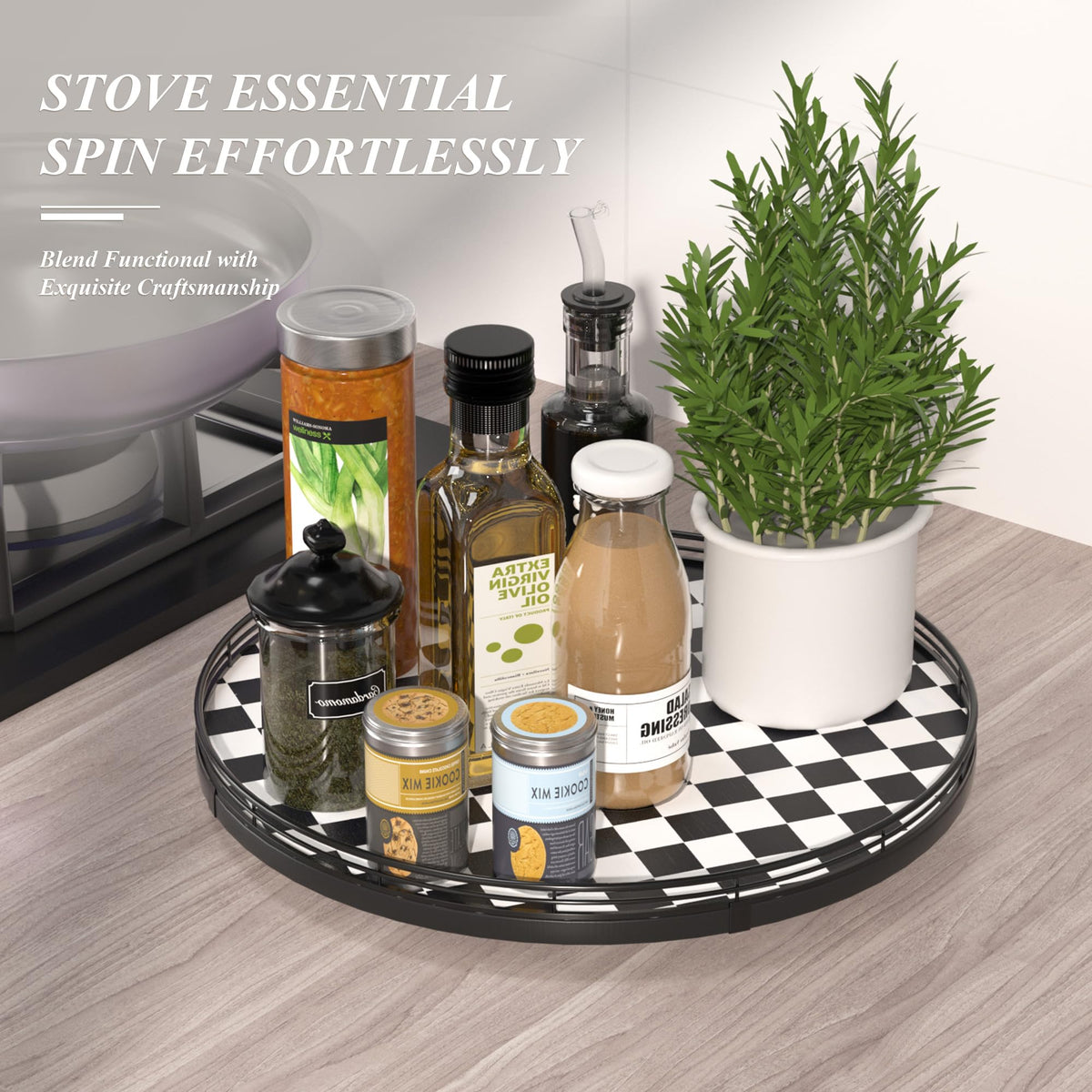 16 Inch Black and White Checkerboard Lazy Susan Decorative Tray