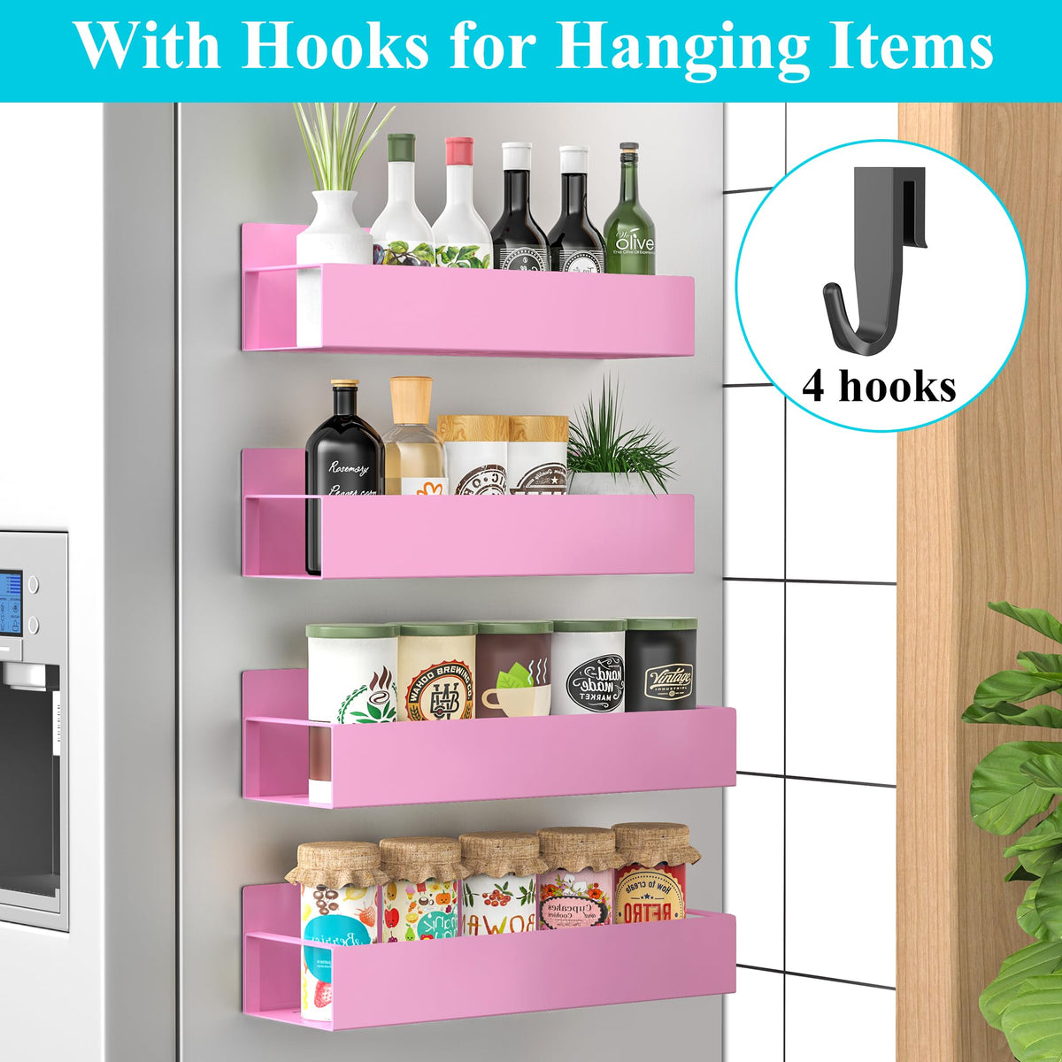Metal Magnetic Spice Rack for Refrigerator Pink (4 Count)