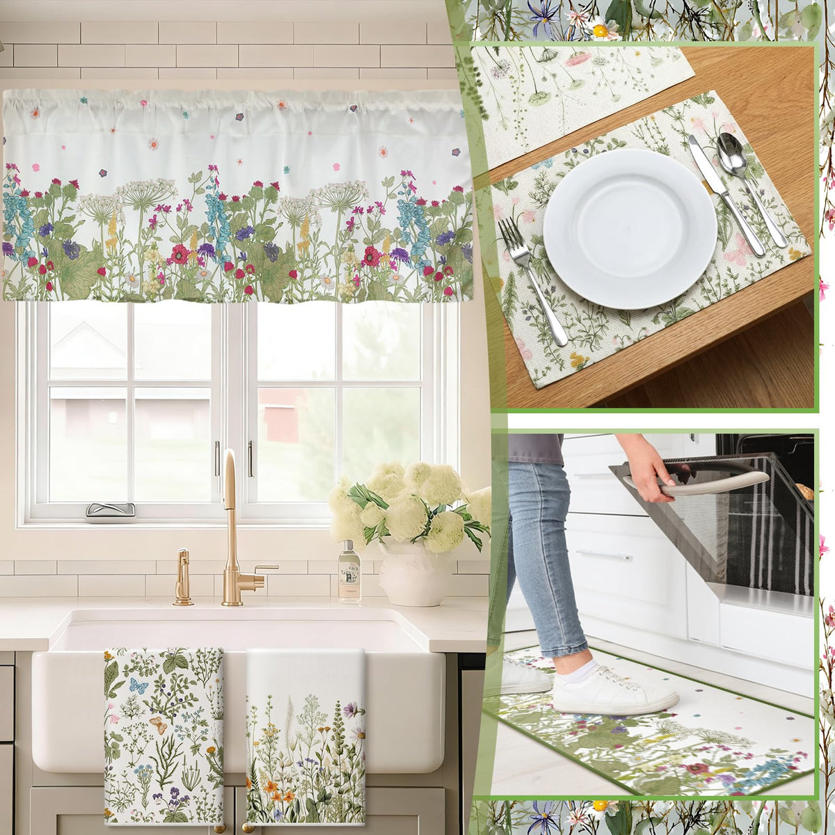 16 Pcs Wildflower Floral Kitchen Decor Set Spring Kitchen Towels and Dishcloth Non Slip Rug Floor Mat Farmhouse Flower Oven Mitts and Pot Holder Retro Curtain Set for Home Decoration Gift (16 Sq Ft)