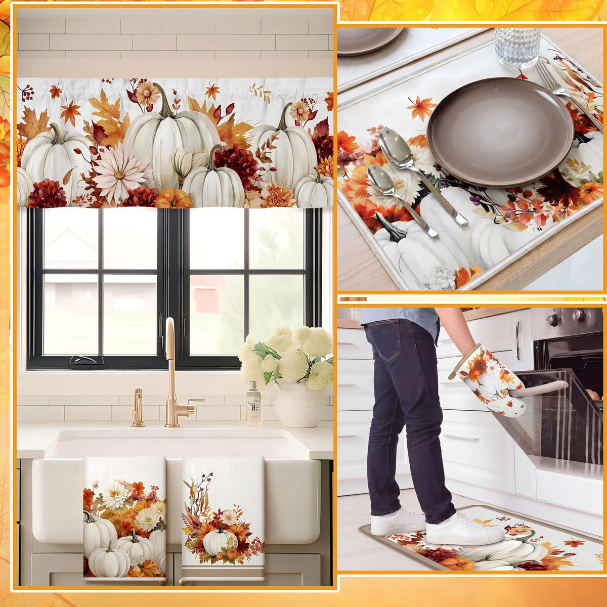 16 Pcs Fall Pumpkin Kitchen Decor and Accessories Set 4 Fall Kitchen Towel 4 Pumpkin Placemat 2 Non Slip Rug and Mat Set for Floor 2 Oven Mitt Glove 2 Pot Holder 2 Curtain for Harvest Home Decor Gift (16 Count)