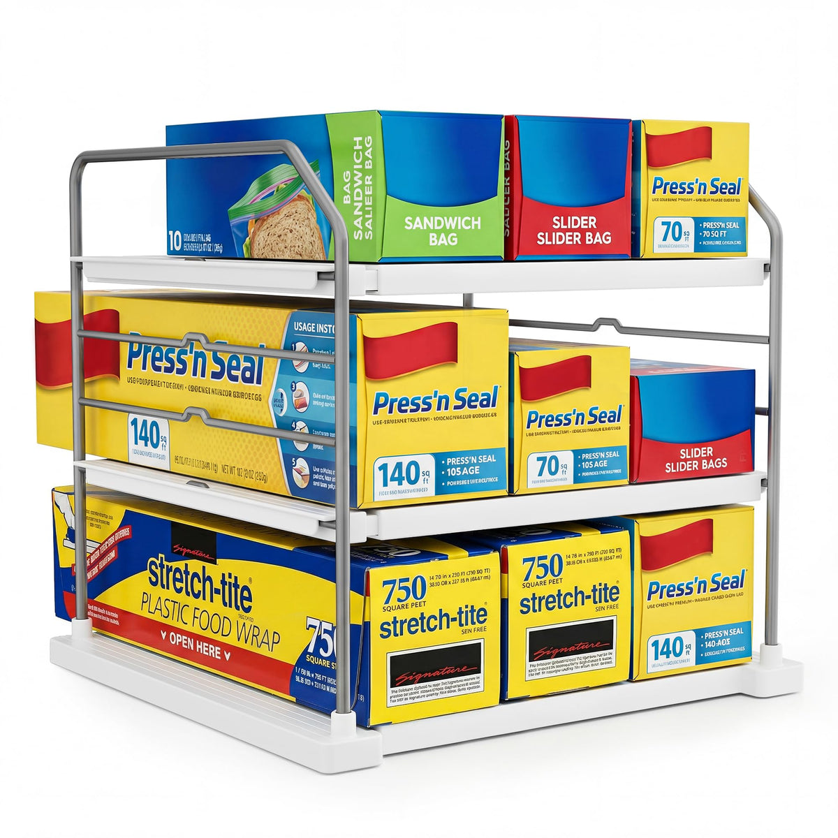 Extendable 3 Tier Kitchen Cabinet & Pantry Organizer for Plastic Wrap (2 Count)