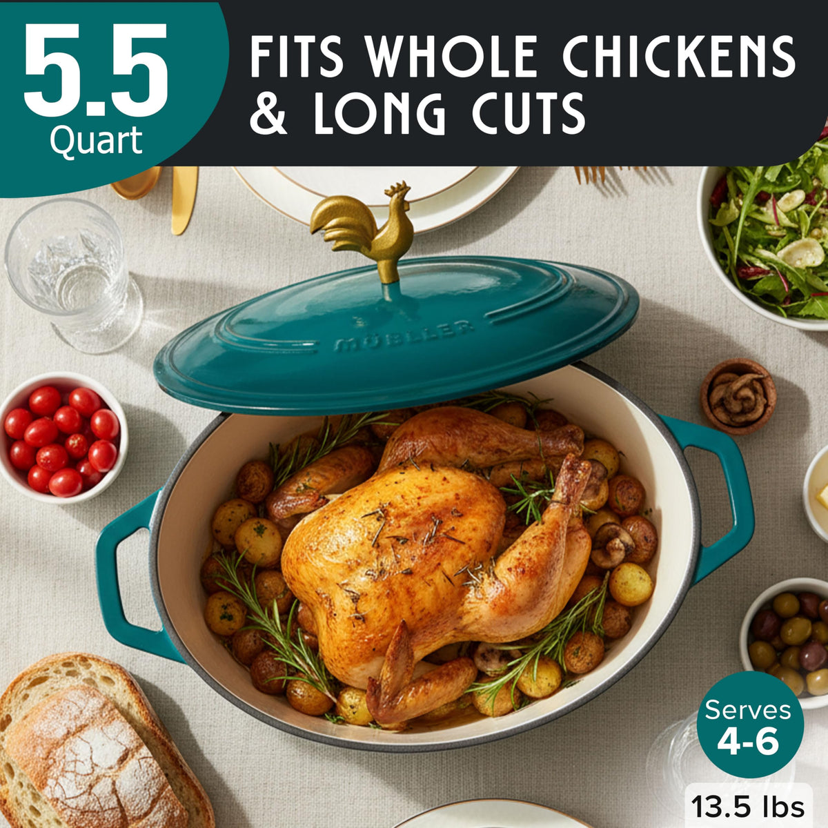 5.5 Quart Enameled Cast Iron Oval Dutch Oven with Rooster Knob and Cotton Potholders