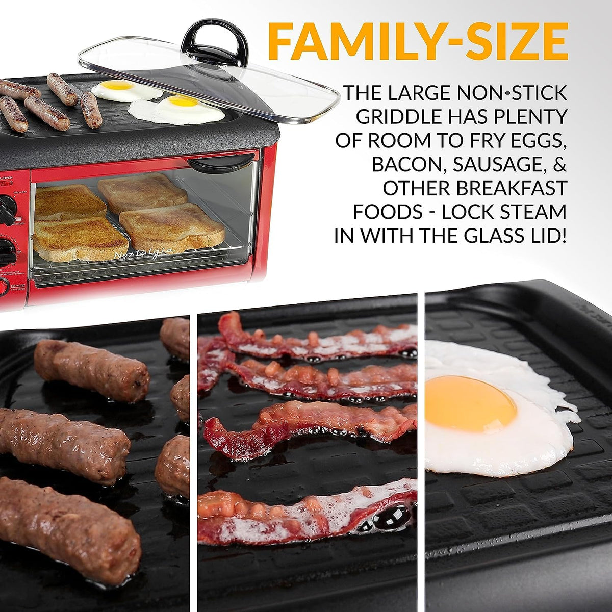 3-in-1 Breakfast Station - Includes Coffee Maker, Non-Stick Griddle, and 4-Slice Toaster Oven - Versatile Breakfast Maker with Timer - Red
