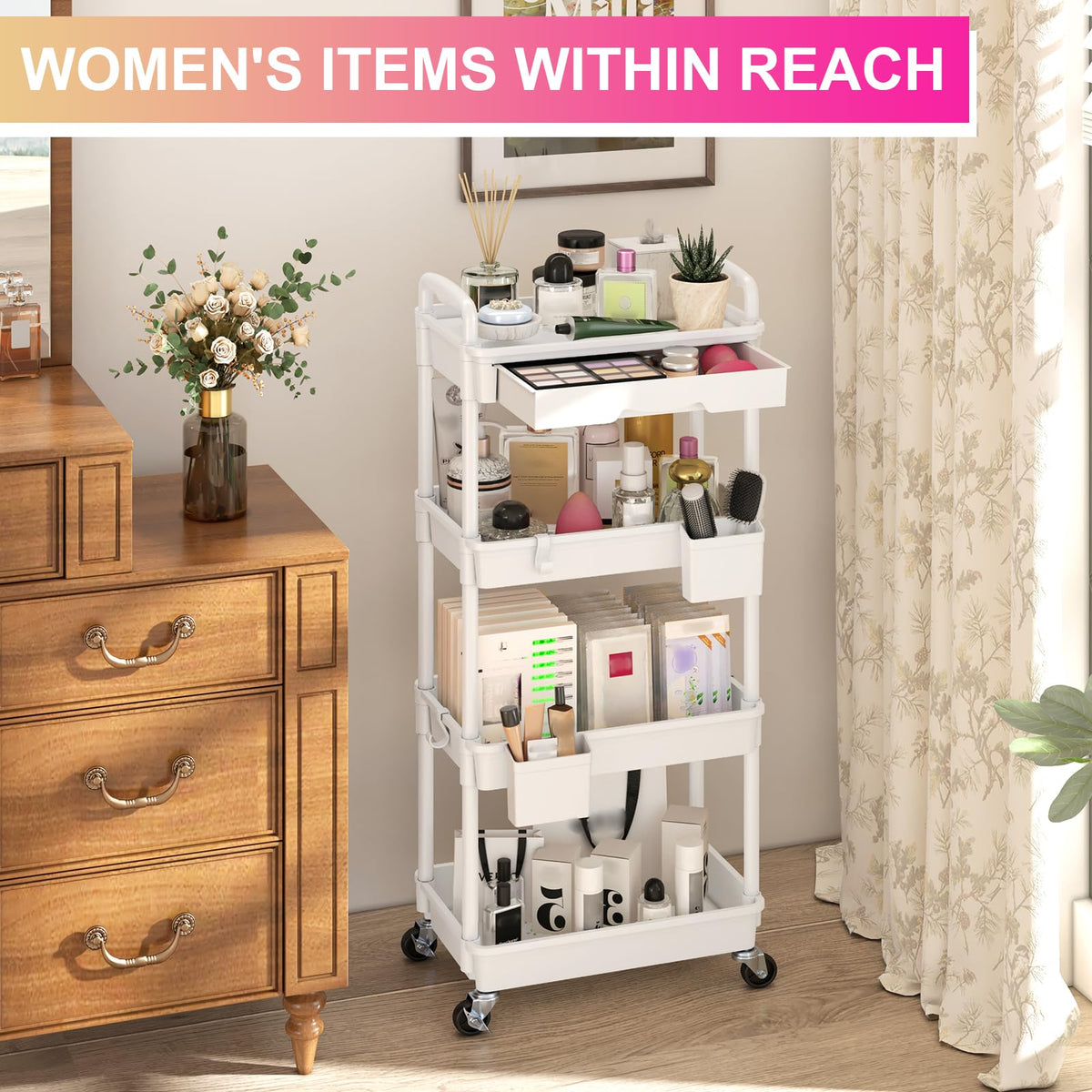 4 Tier Rolling Utility Cart Organizer with Removable Drawer