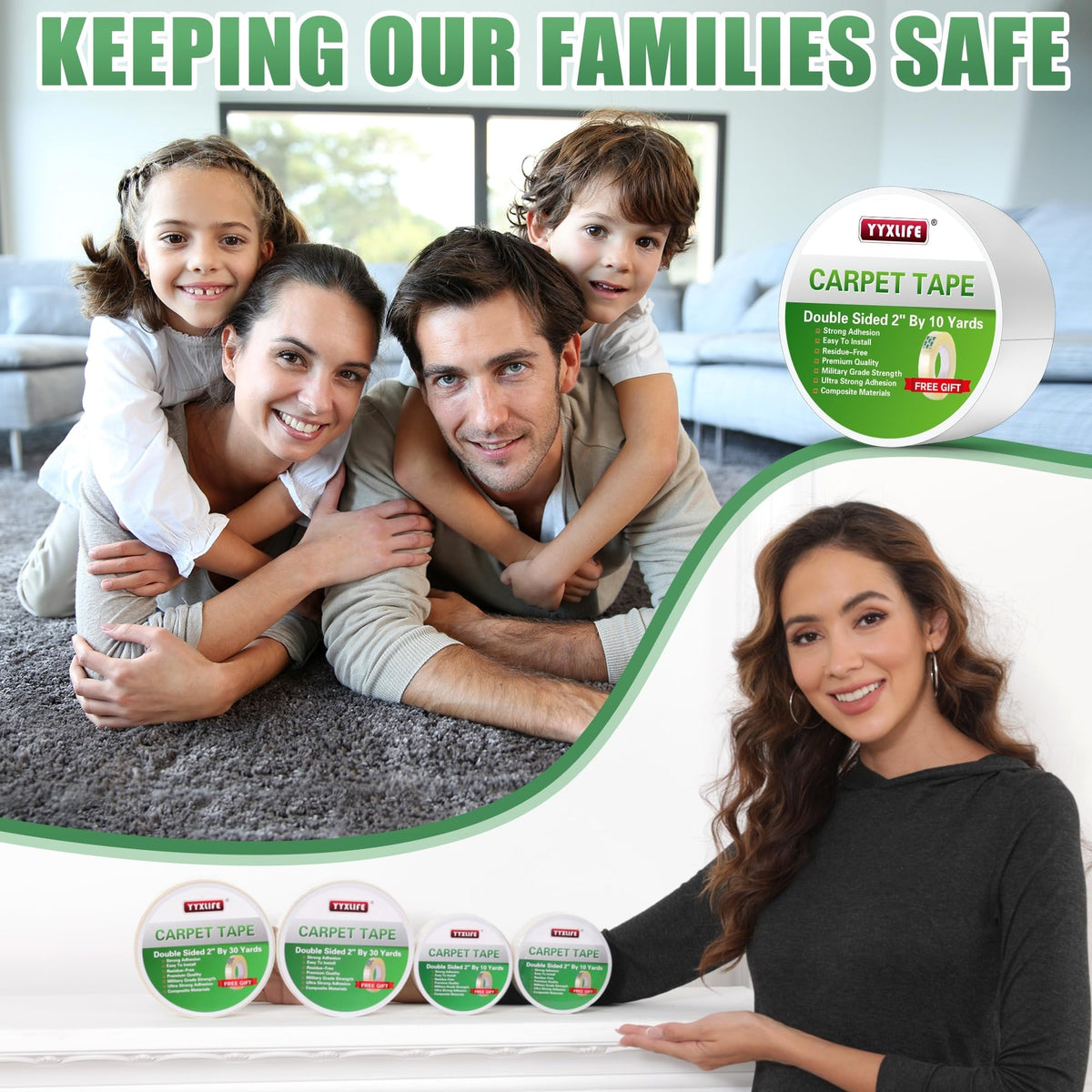 Double Sided Carpet Tape for Area Rugs & Hardwood Floors (30 Foot)