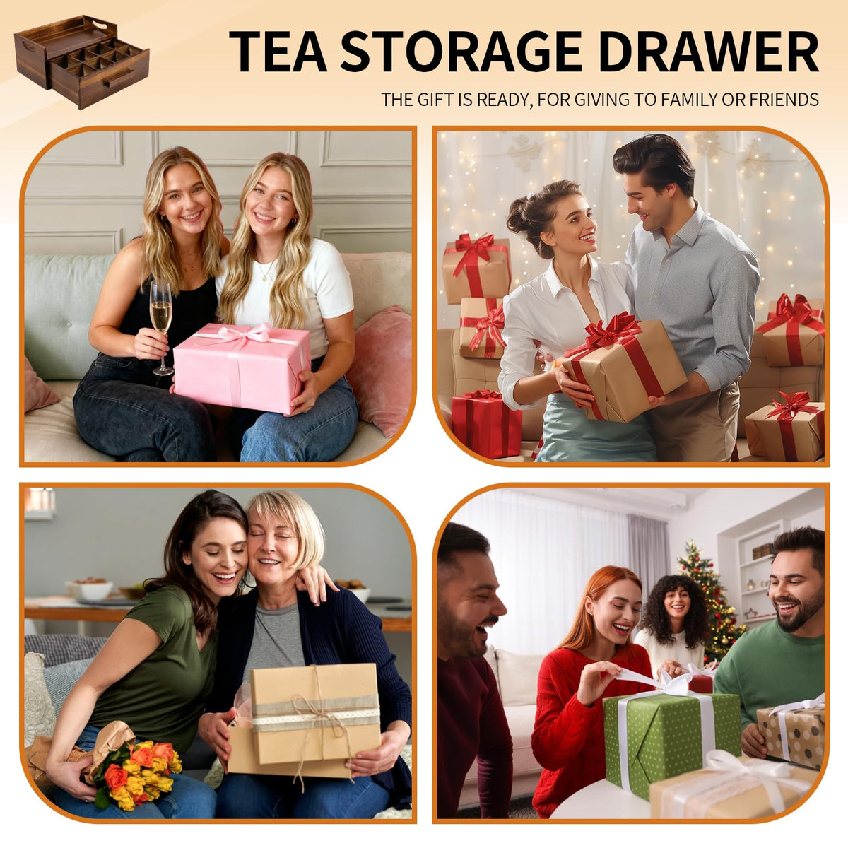 Acacia Wood Tea Bag Organizer Drawer with 12 Compartments