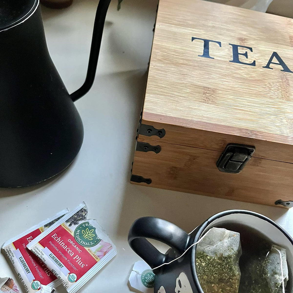 Tea Organizer Box 7.4" x 8.1" x 4.2" Bamboo Wood Organizer Storage Chest 4 Tall Adjustable Slots 100% Handmade Eco
