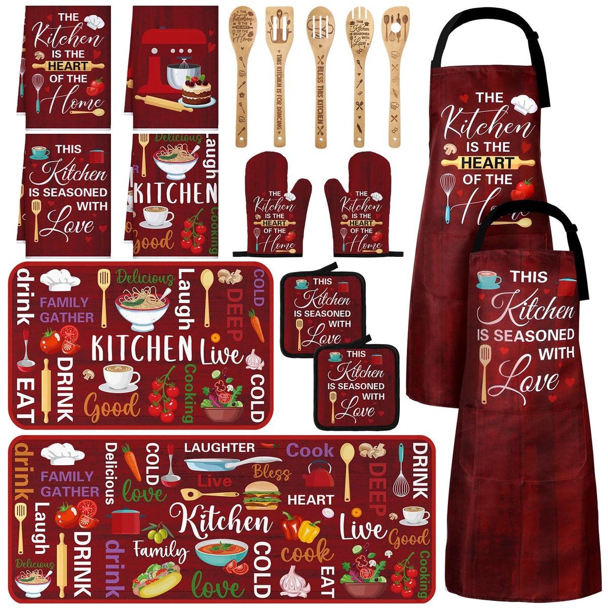 17 Pcs Farmhouse Kitchen Decor and Accessories Red Funny Kitchen Set Rug and Mat Oven Mitts and Pot Holders Apron Dish Towels Cute Wooden Spoons for Holiday Decoration Home Housewarming Gift (17 Count)