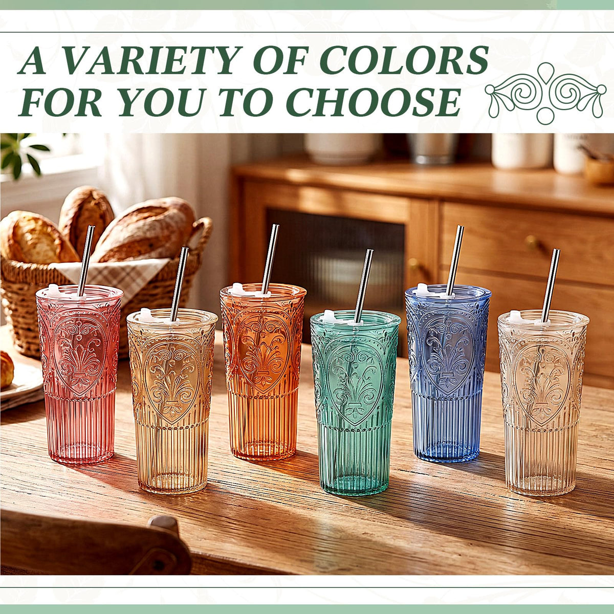 6 Set 20oz Vintage Plastic Tumbler with Lids and Straws Ribbed Floral Drinking Glasses Reusable Iced Coffee Cups for Water Juice Smoothie Cocktail Travel Party Events Gift (6 Count)