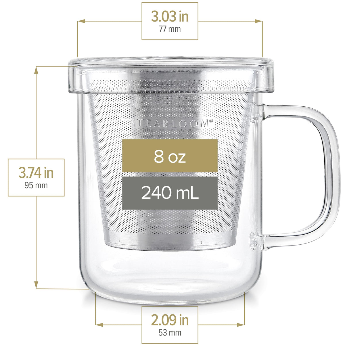 Premium Borosilicate Glass Mug with Stainless Steel Loose Leaf Tea Infuser and Lid