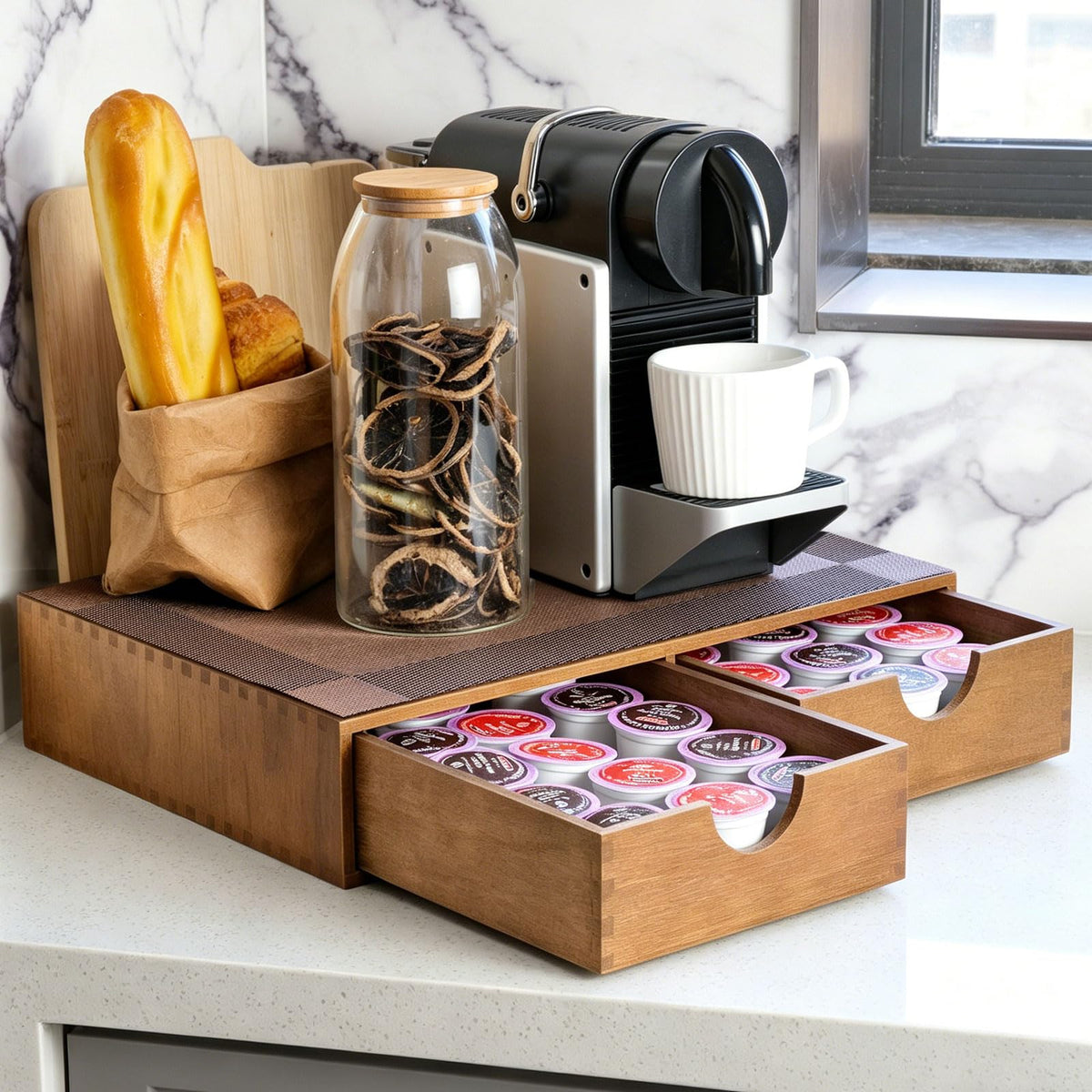 Wooden K Cup Organizer with Drawer & Mat