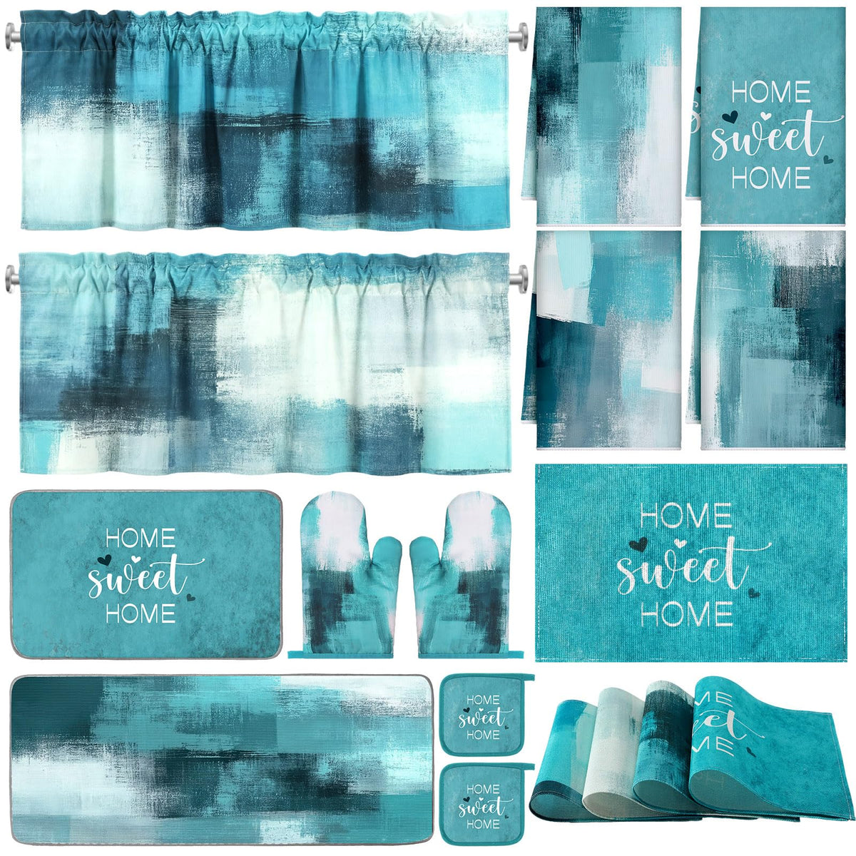 16 Pcs Turquoise Kitchen Decor and Accessories Set 4 Teal Abstract Area Kitchen Towels 2 Non Slip Rugs and Mats 2 Modern Grey Oven Mitts 2 Pot Holders 4 Placemats 2 Curtains for Home Decoration Gift (16 Count)