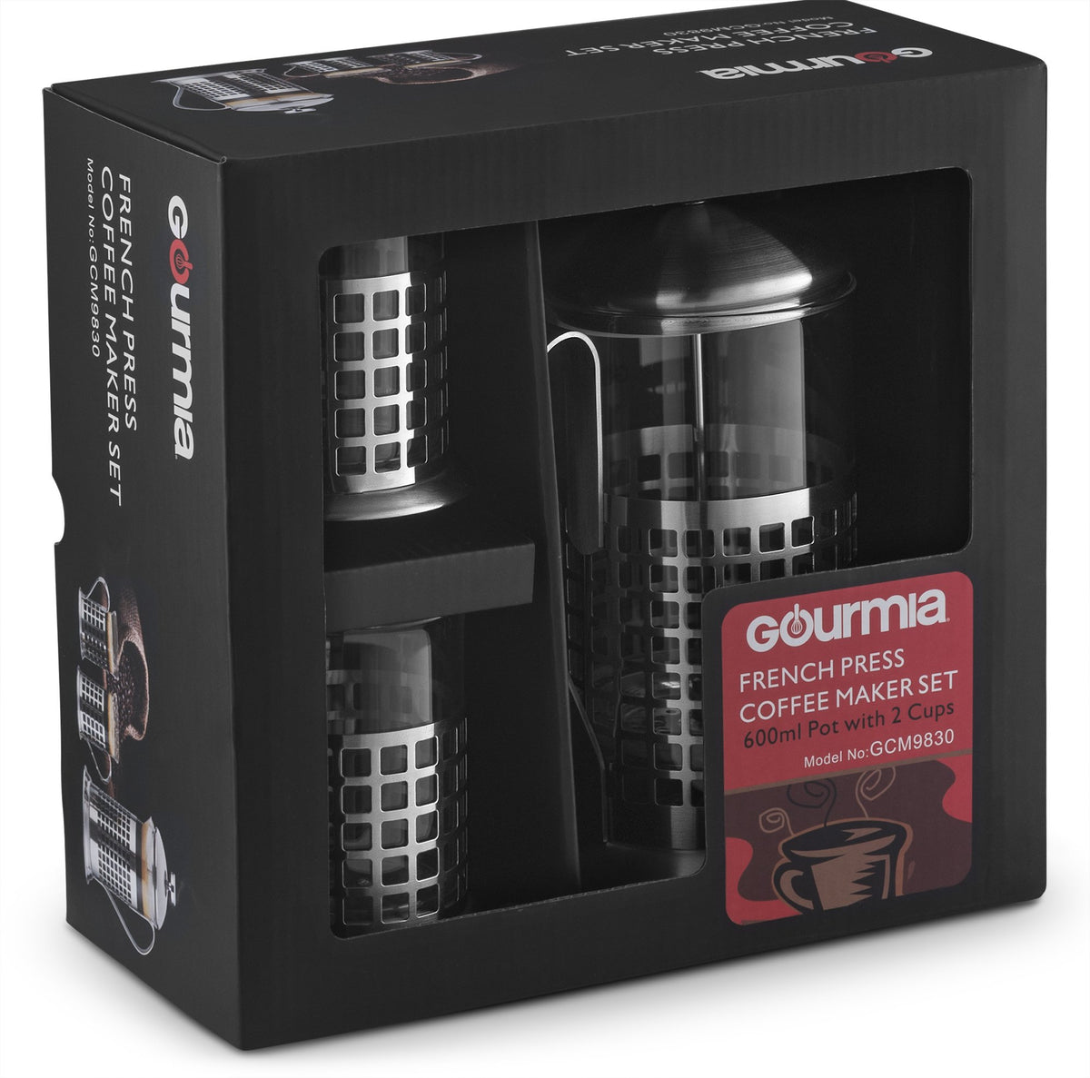 GCM9830 French Press Coffee Maker Set 600 ml French Press Coffee Brewer With 2 Matching Stainless Steel Drinking Cups
