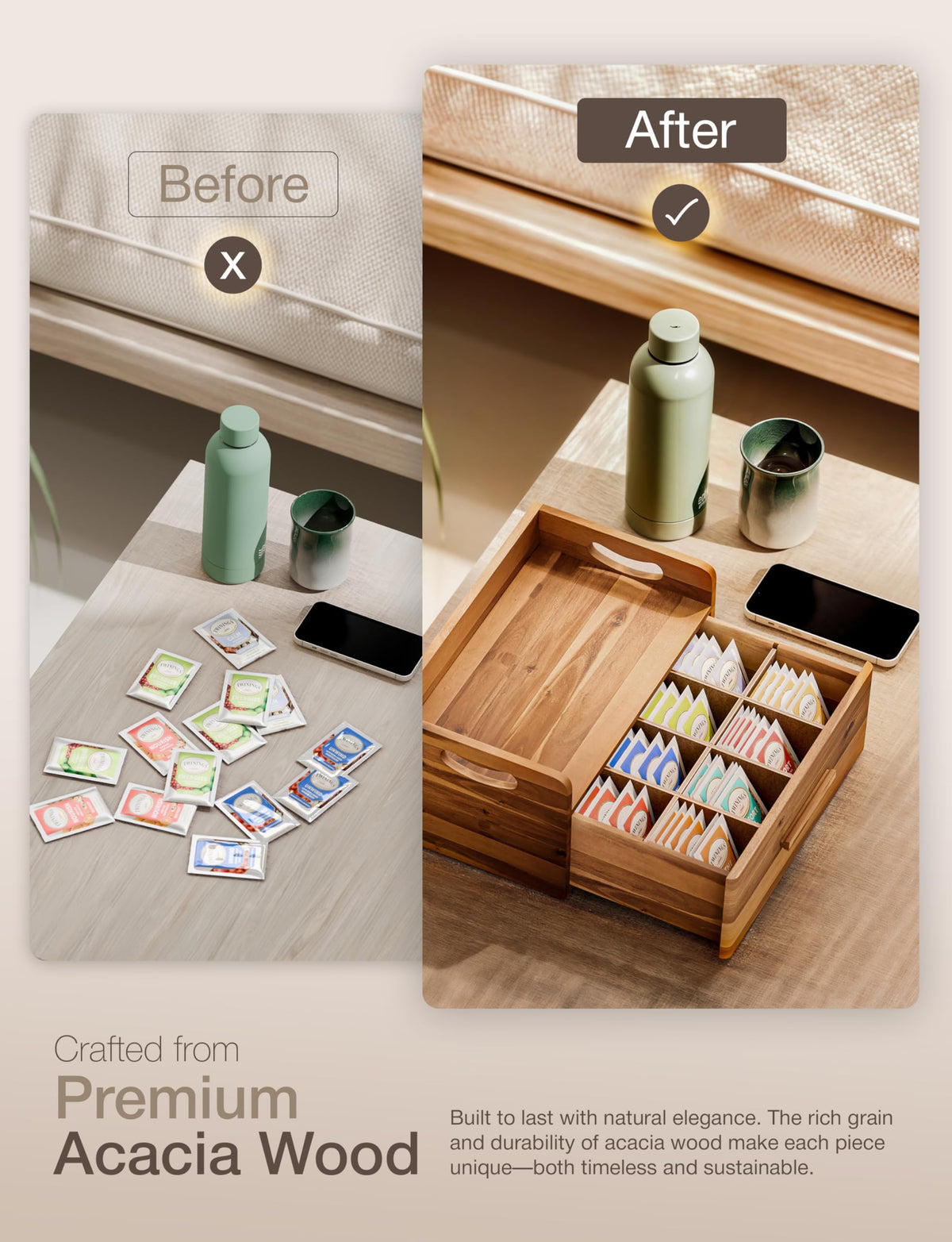 Acacia Wooden Tea Box Organizer with Drawer for Tea & Coffee Storage