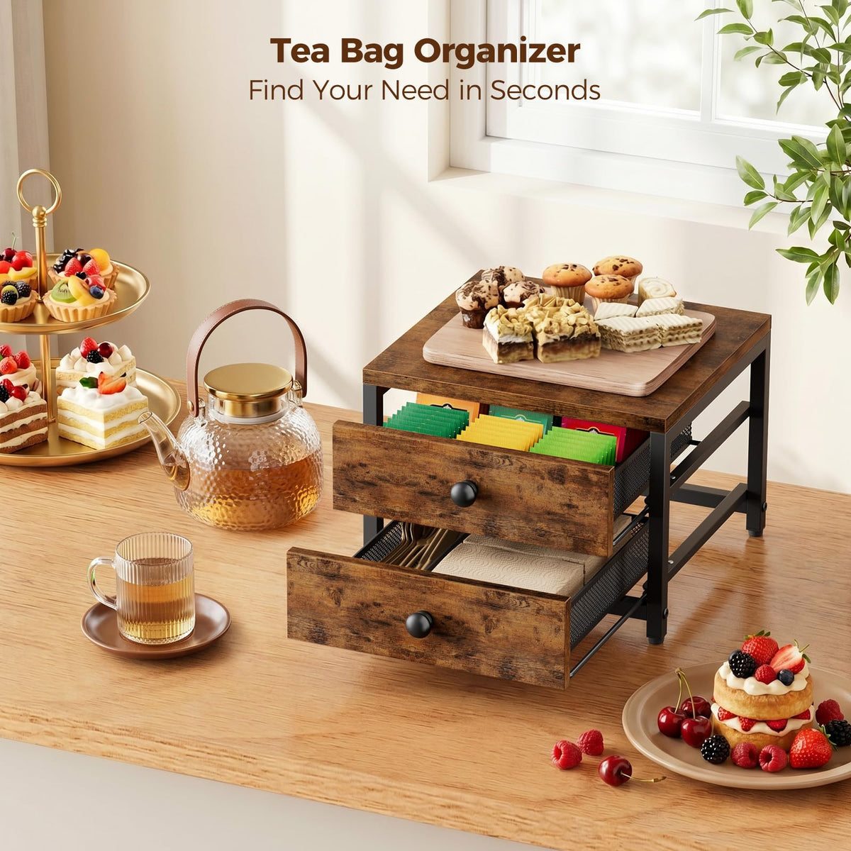 Tea Bag Organizer and Storage with 2 Drawers for Countertop