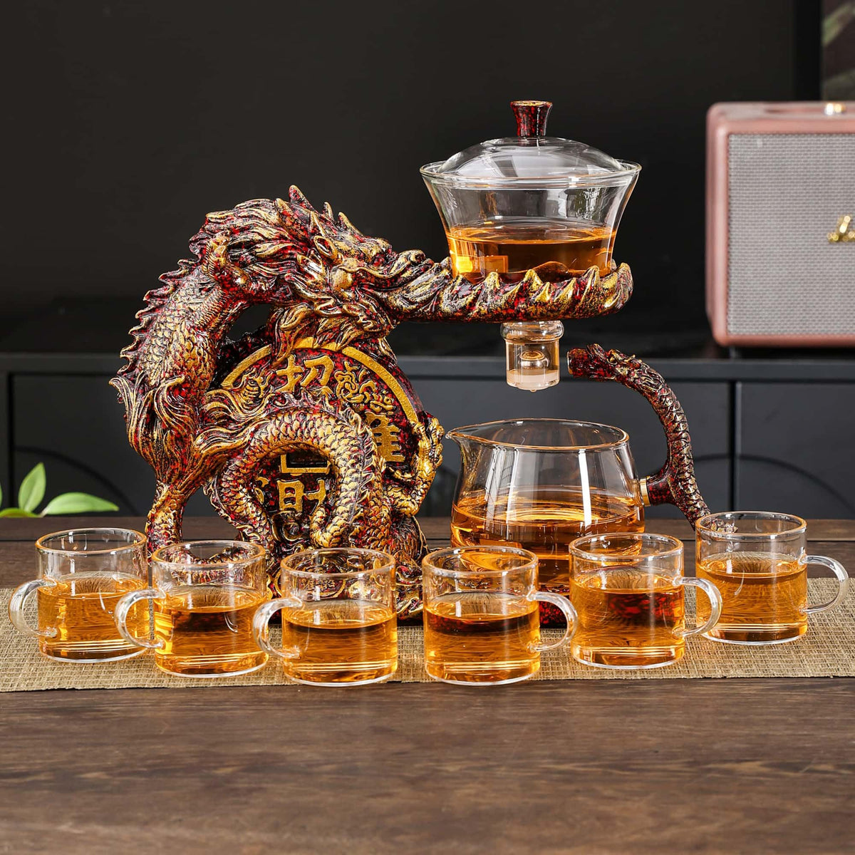Glass Teapot Set with Infuser Semi Automatic Dragon Tea Set with 6 Small Cups