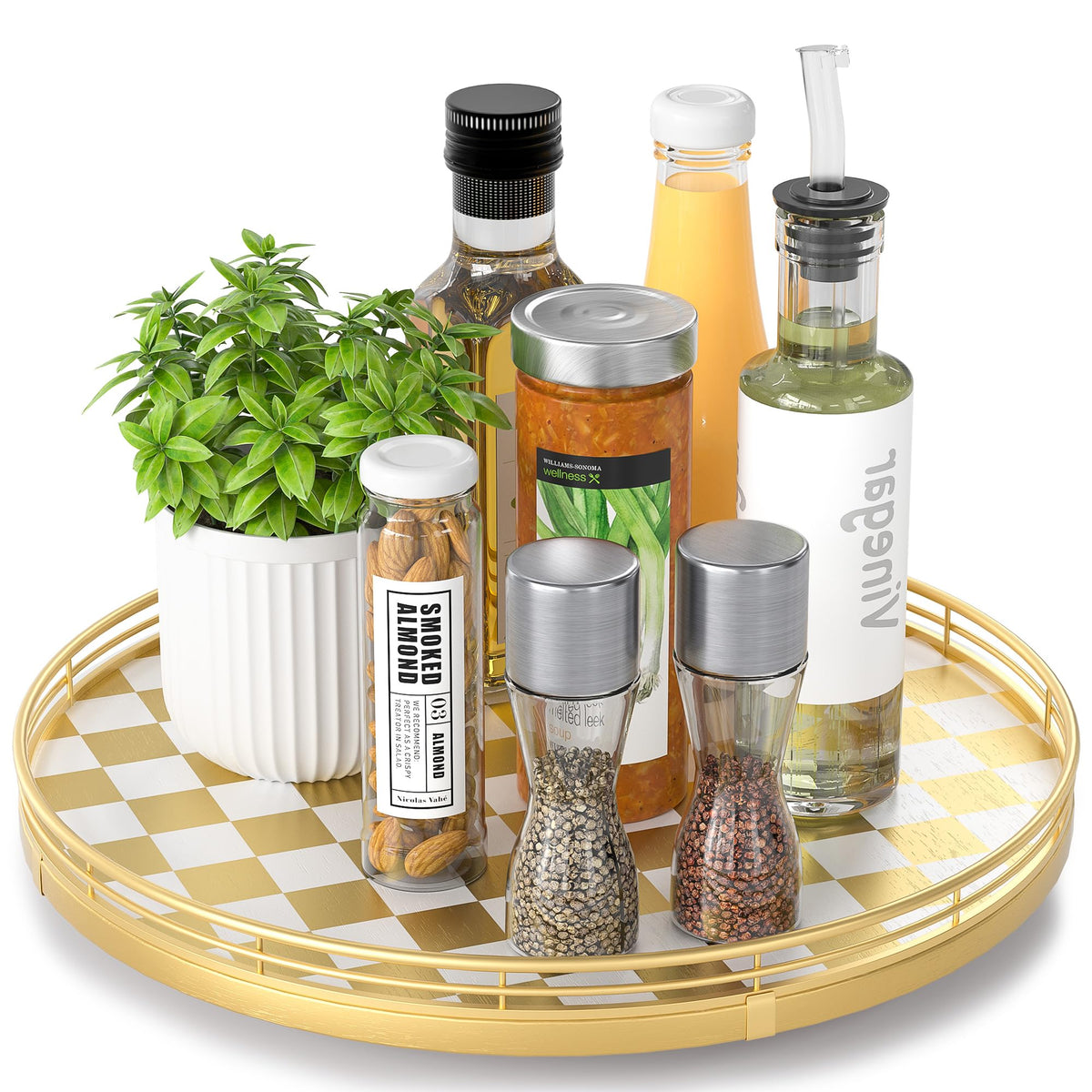 13 Inch Gold and White Checkerboard Lazy Susan with Rubberwood Base