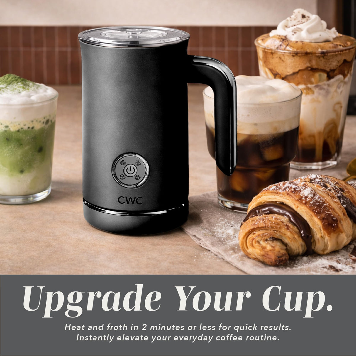 4-in-1 Electric Milk Steamer and Frother - 2-Minute Heating and Frothing, Hot and Cold Foam Maker for Coffee, Latte, Cappuccino, Macchiato, Milk Warmer, Auto Shut Off, Black