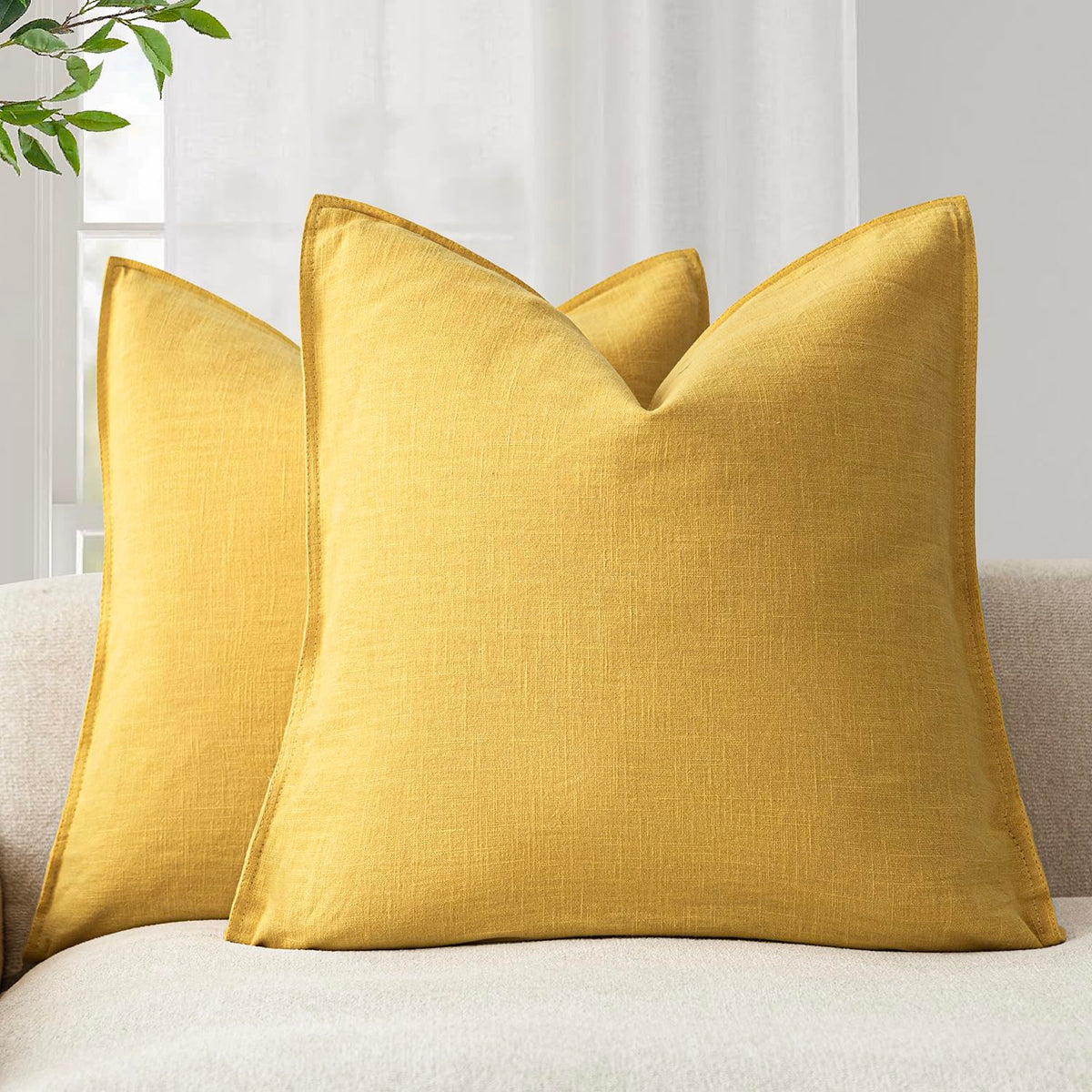Pack of 2 Decorative Linen Solid Throw Pillow Covers Soft Accent Euro Cushion Case Boho Farmhouse Pillowcase for Chair Couch Sofa Bedroom Living Room Home Decor 18 x 18 Inch Ginger Yellow (2 Count)