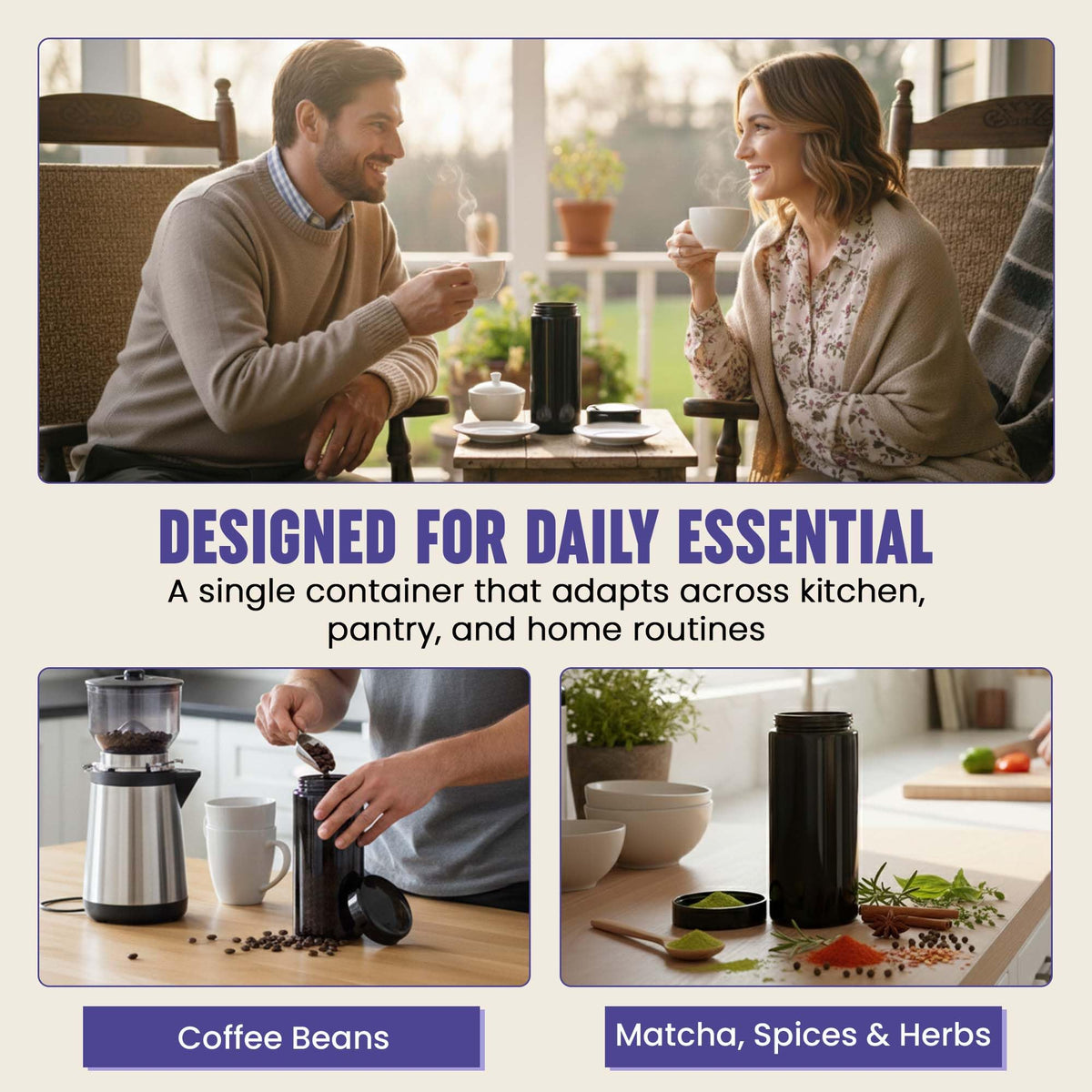 1 L (12 oz) Airtight Coffee Canister Ultraviolet Glass Coffee Bean Storage Container Antistatic, Light Blocking Container for Coffee, Herbs, Tea & Spices Durable