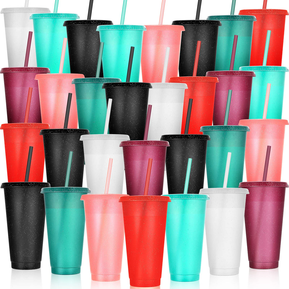 30 Pack Tumbler with Straw and Lid Bulk Cups for Gifts Glitter Plastic Coffee Cups 24