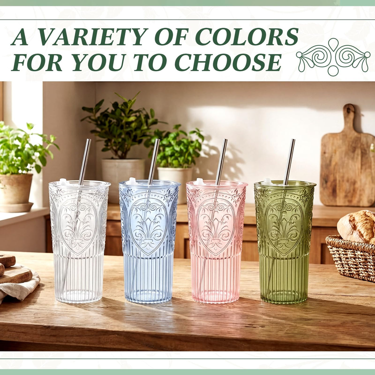 2 Set 20oz Vintage Plastic Tumbler with Lids and Straws Ribbed Floral Drinking Glasses Reusable Iced Coffee Cups for Water Juice Smoothie Cocktail Travel Party Events Gift (2 Count)