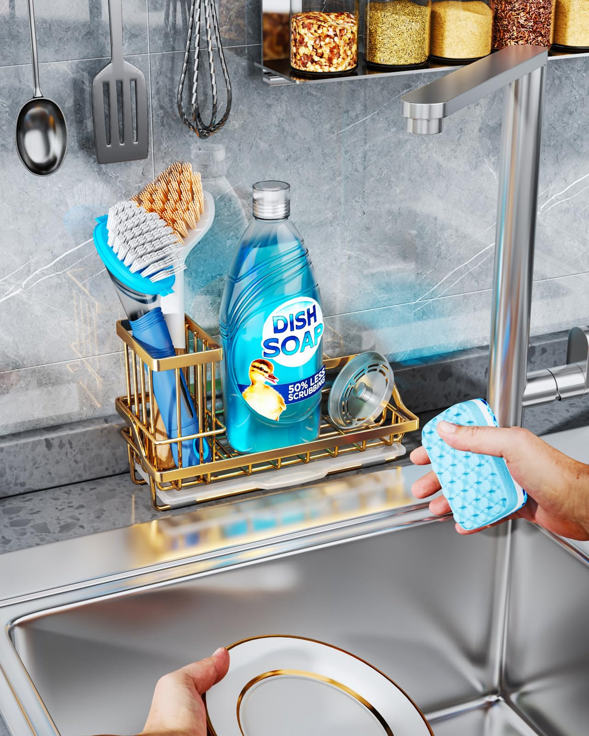 Sink Caddy Kitchen Sponge Holder with Dish Brush Holder