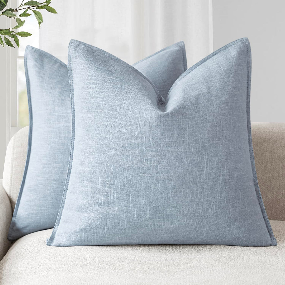Pack of 2 Decorative Linen Solid Throw Pillow Covers Soft Accent Euro Cushion Case Boho Farmhouse Pillowcase for Chair Couch Sofa Bedroom Living Room Home Decor 24 x 24 Inch Sky Blue (2 Count)
