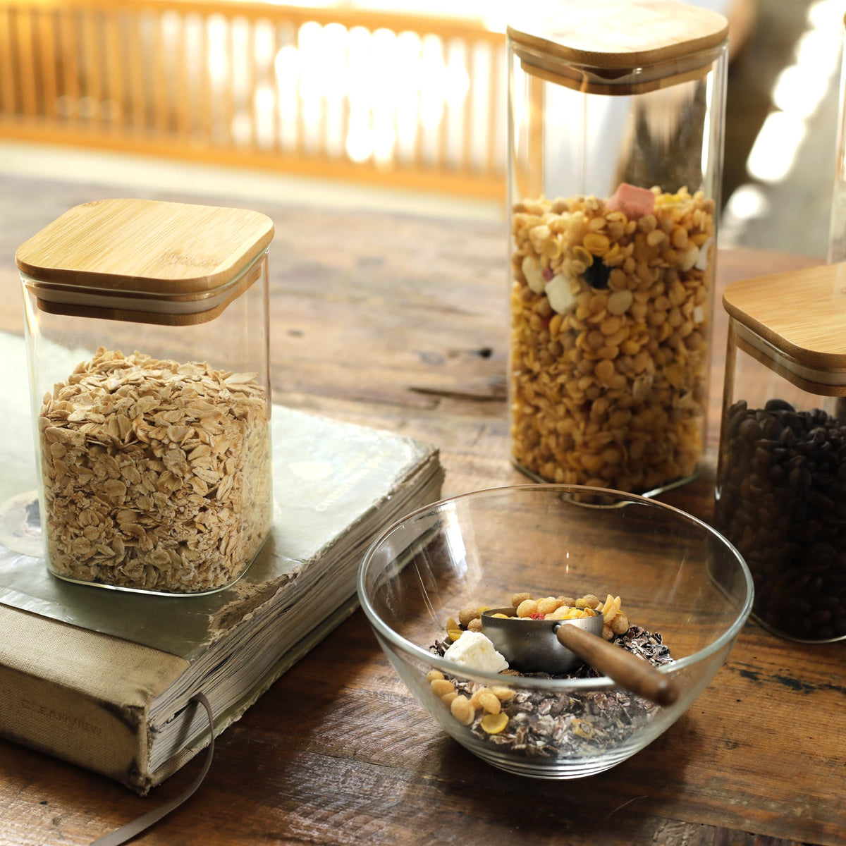8 Pack Square Glass Storage Jars with Bamboo Lids (8 Count)
