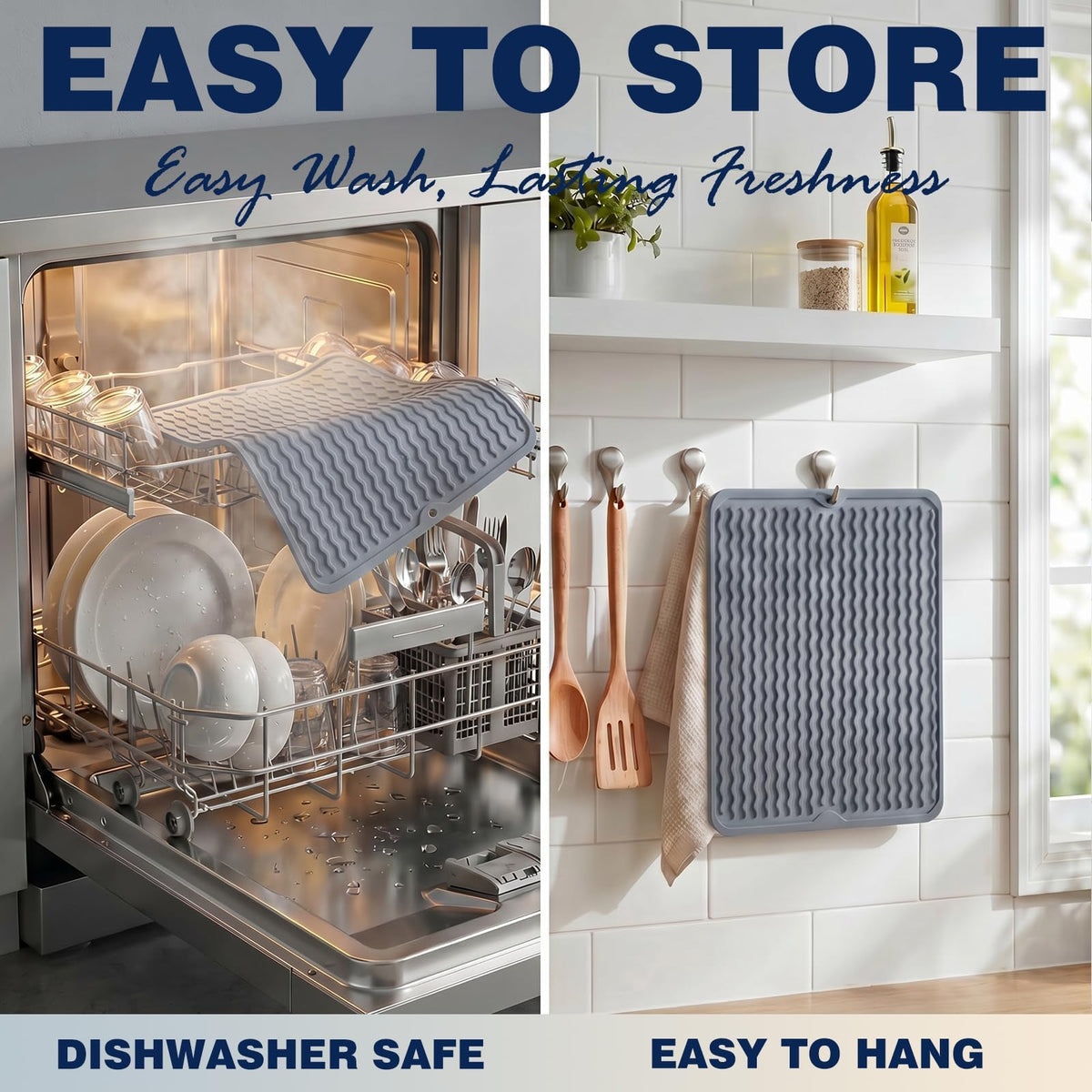 2 Pack Caketime Silicone Dish Drying Mat for Kitchen Counter Heat Resistant Quick Dry Pads Hot Dishes Waterproof with Under Sink Rack Soap Holder Coffee Accessories Women Gifts 12"x12" Light Gray