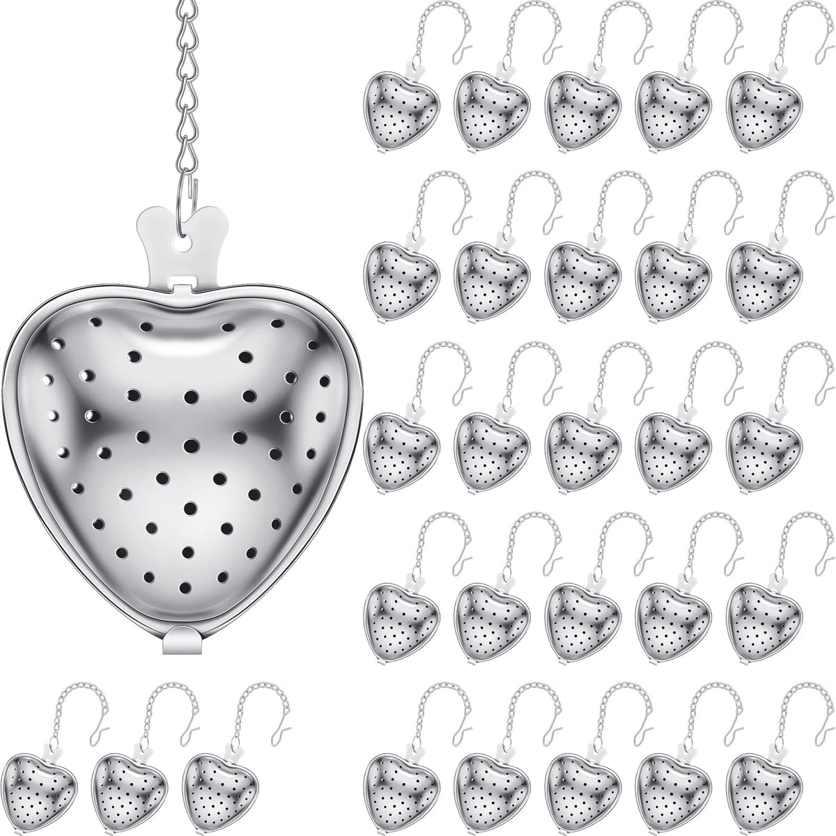 50 Pcs Stainless Steel Tea Strainer Ball Infuser Loose Leaf Steeper Interval Diffuser Heart Shape Mesh Filters with Extended Chain Hook for tea party Seasonings Cup Bottle
