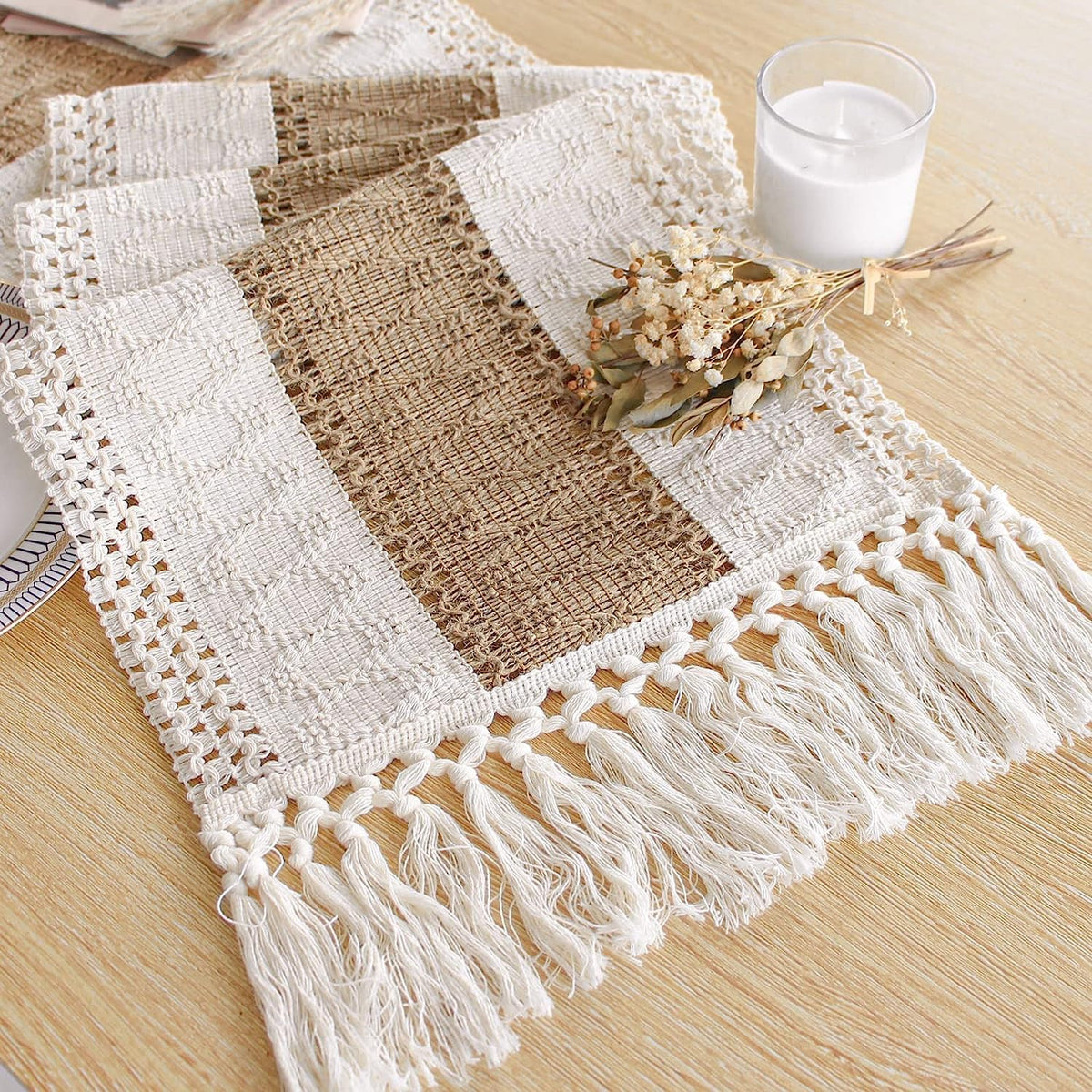 Boho Table Runner for Fall Home Decor 12x48 Rustic with Tassels (48 Foot)