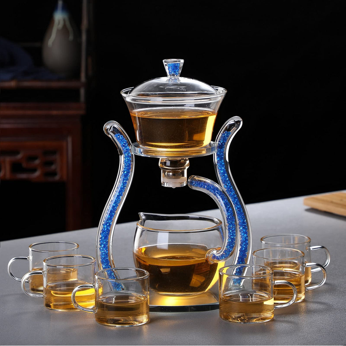Lazy Kungfu Glass Tea Set Semi Automatic Drip Rotating with Infuser Glass Teapot Set