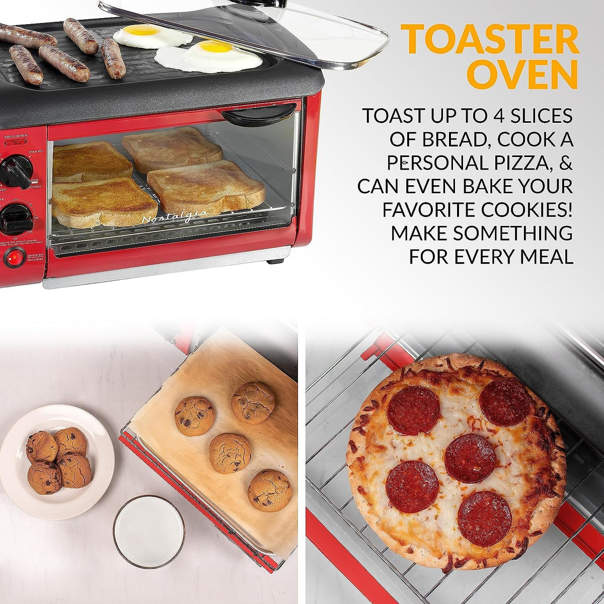 3-in-1 Breakfast Station - Includes Coffee Maker, Non-Stick Griddle, and 4-Slice Toaster Oven - Versatile Breakfast Maker with Timer - Red