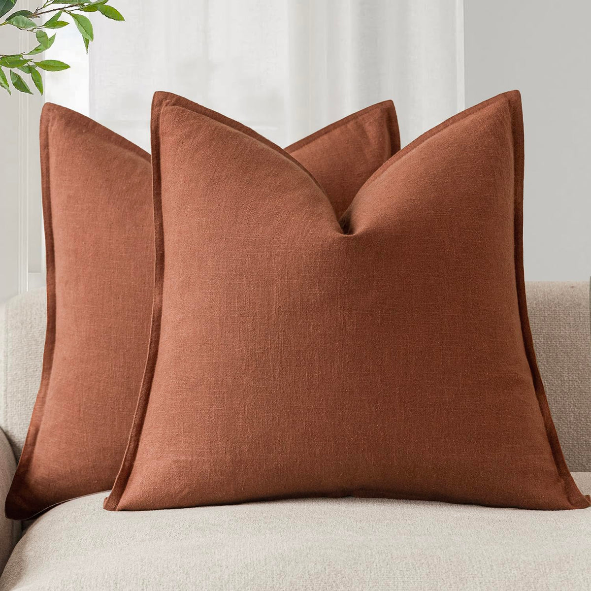 Pack of 2 Decorative Linen Solid Throw Pillow Covers Soft Accent Cushion Case Farmhouse Neutral Pillowcase for Chair Couch Sofa Bedroom Living Room Home Decor 26 x 26 Inch Fall Rust Orange