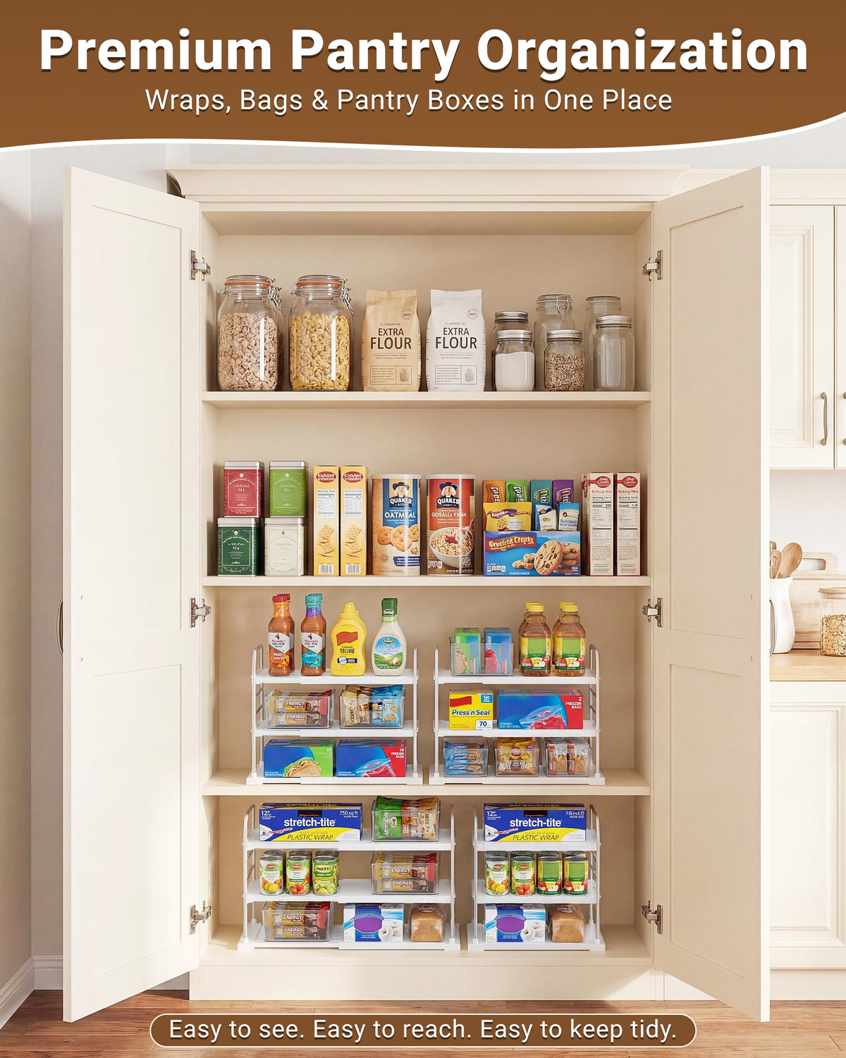 Extendable 3 Tier Kitchen Cabinet & Pantry Organizer for Plastic Wrap (2 Count)
