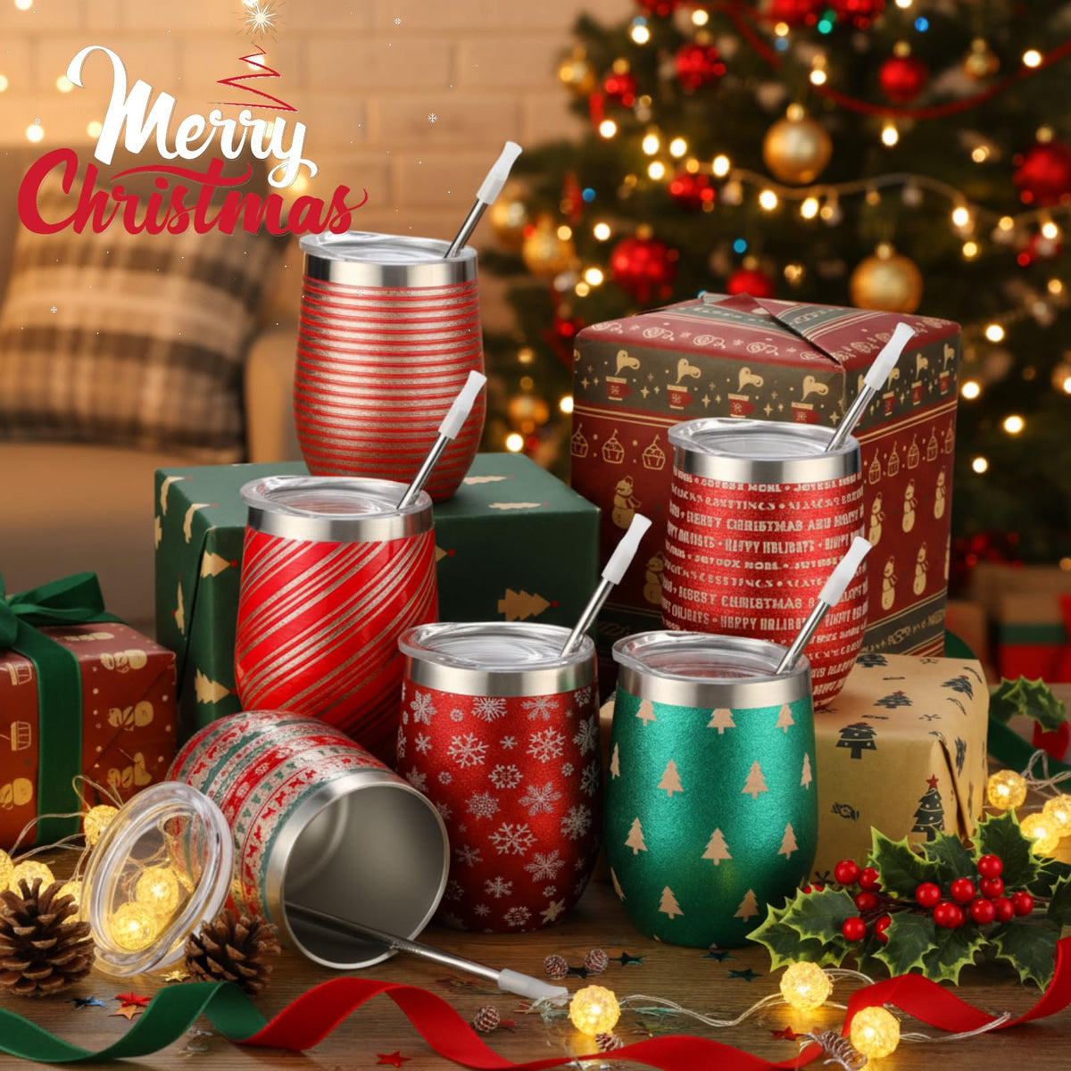 6 Pack Christmas Glitter Tumblers 12oz (6 Count)