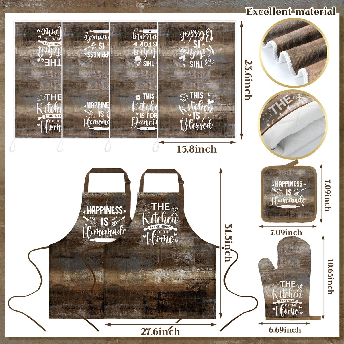 17 Pcs Brown Kitchen Decor and Accessories Brown Kitchen Rug and Mat Oven Mitts and Pot Holders Apron Dish Towels Cute Wooden Spoons for Natural Wood Themed Home Decor Housewarming Gifts (17 Count)