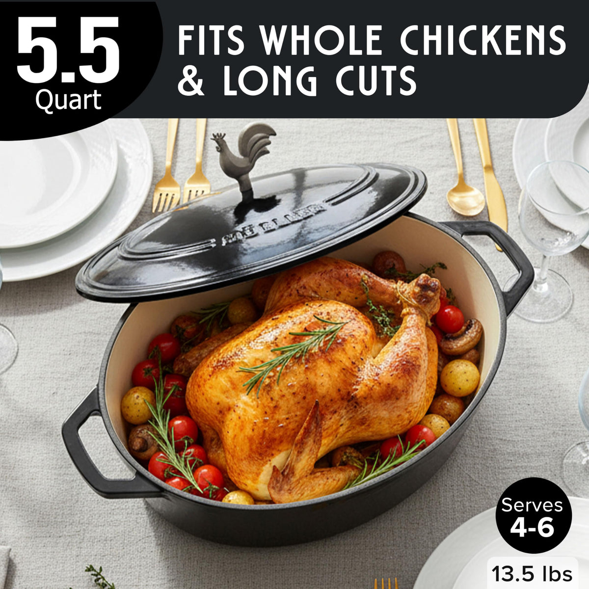 5.5 Quart Enameled Cast Iron Oval Dutch Oven with Rooster Knob & Cotton Potholders