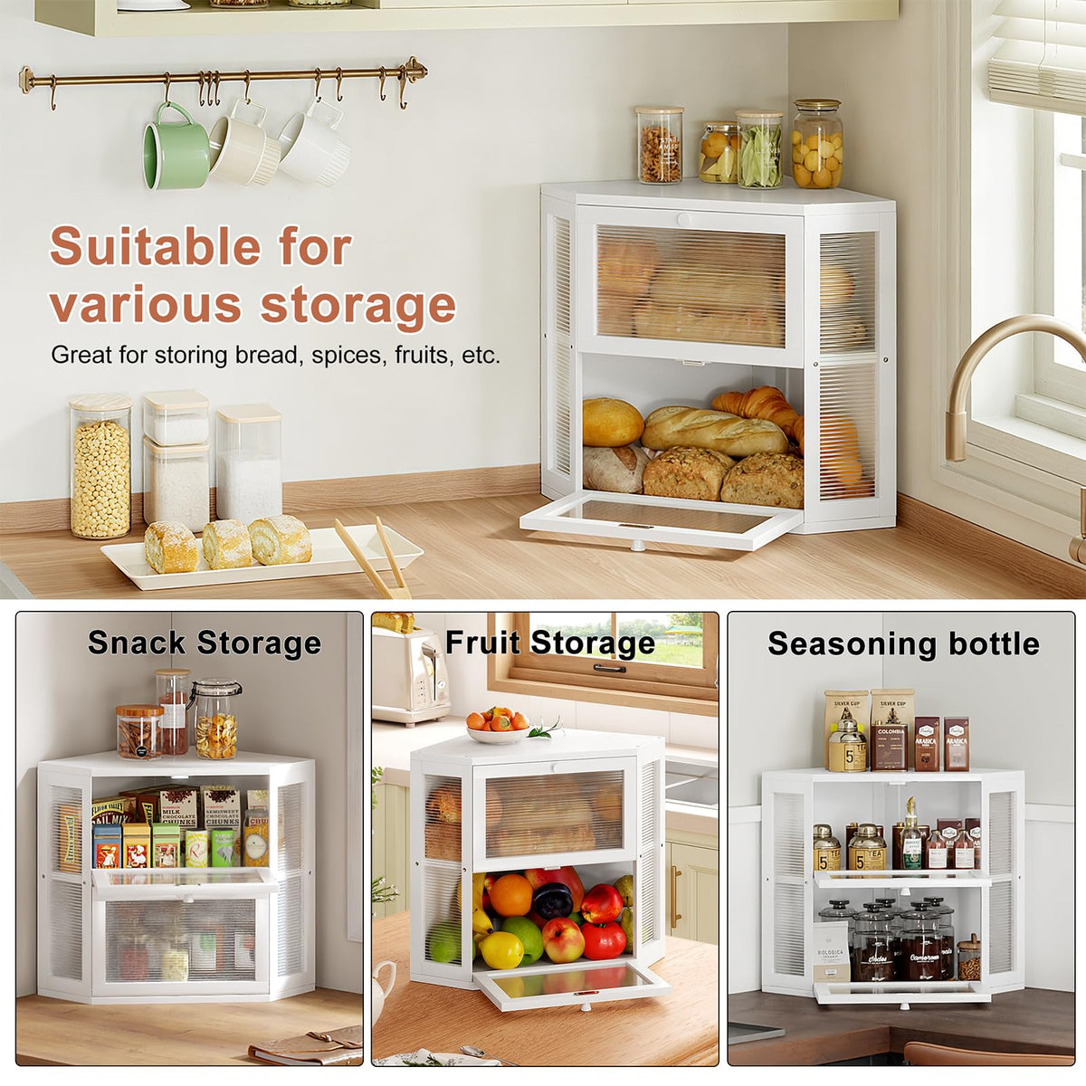 Double Layer Corner Bread Box for Kitchen Countertop with 2 Doors