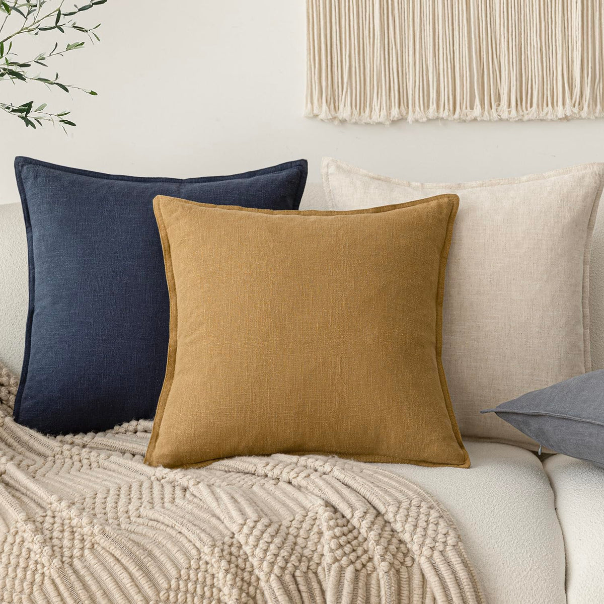 Pack of 2 Decorative Linen Soild Throw Pillow Covers Soft Accent Cushion Case Boho Farmhouse Pillowcase for Chair Couch Sofa Bedroom Living Room Home Decor 24 x 24 Inch Honey Mustard (2 Count)