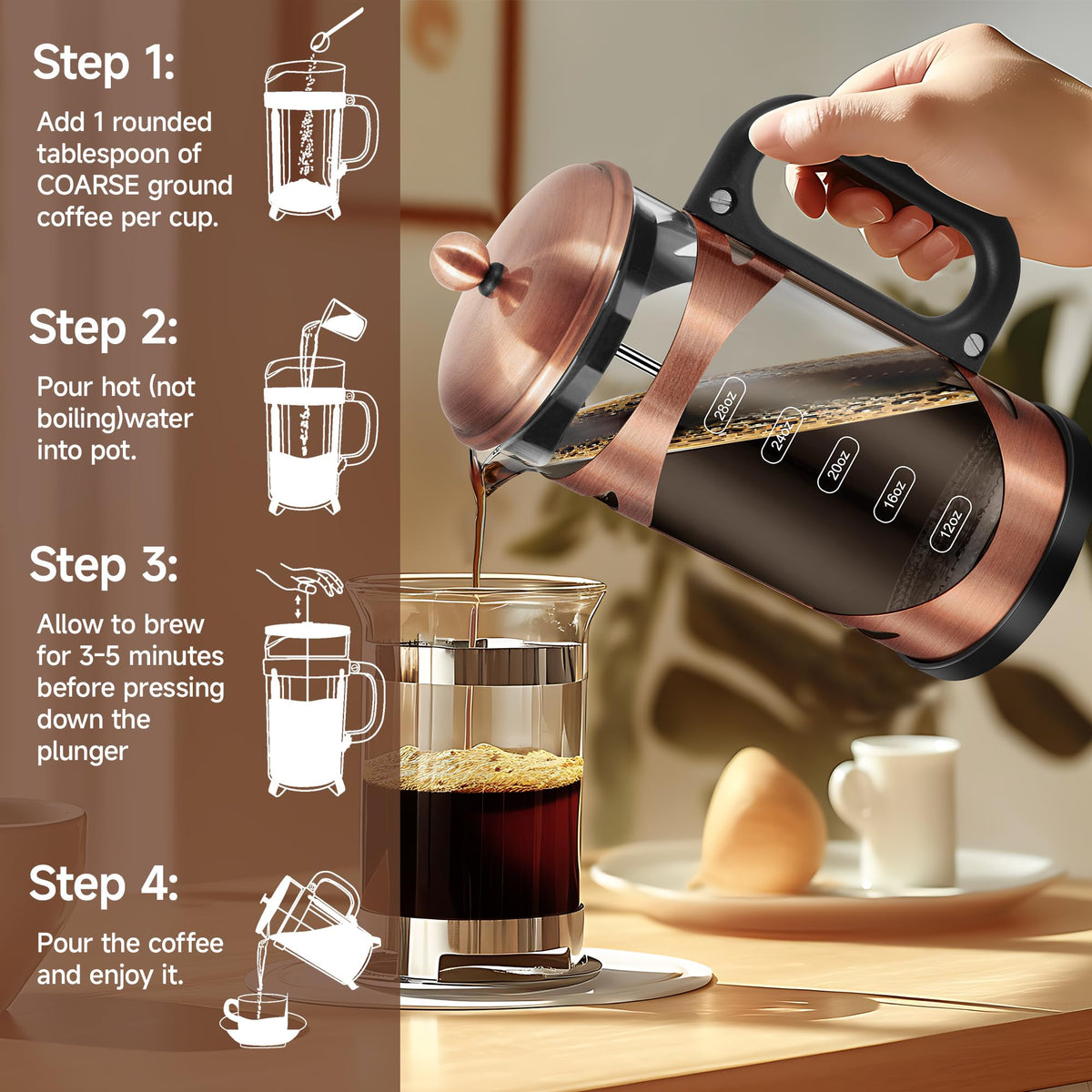 34 Ounce French Press Coffee Maker Copper Stainless Steel Coffee Press