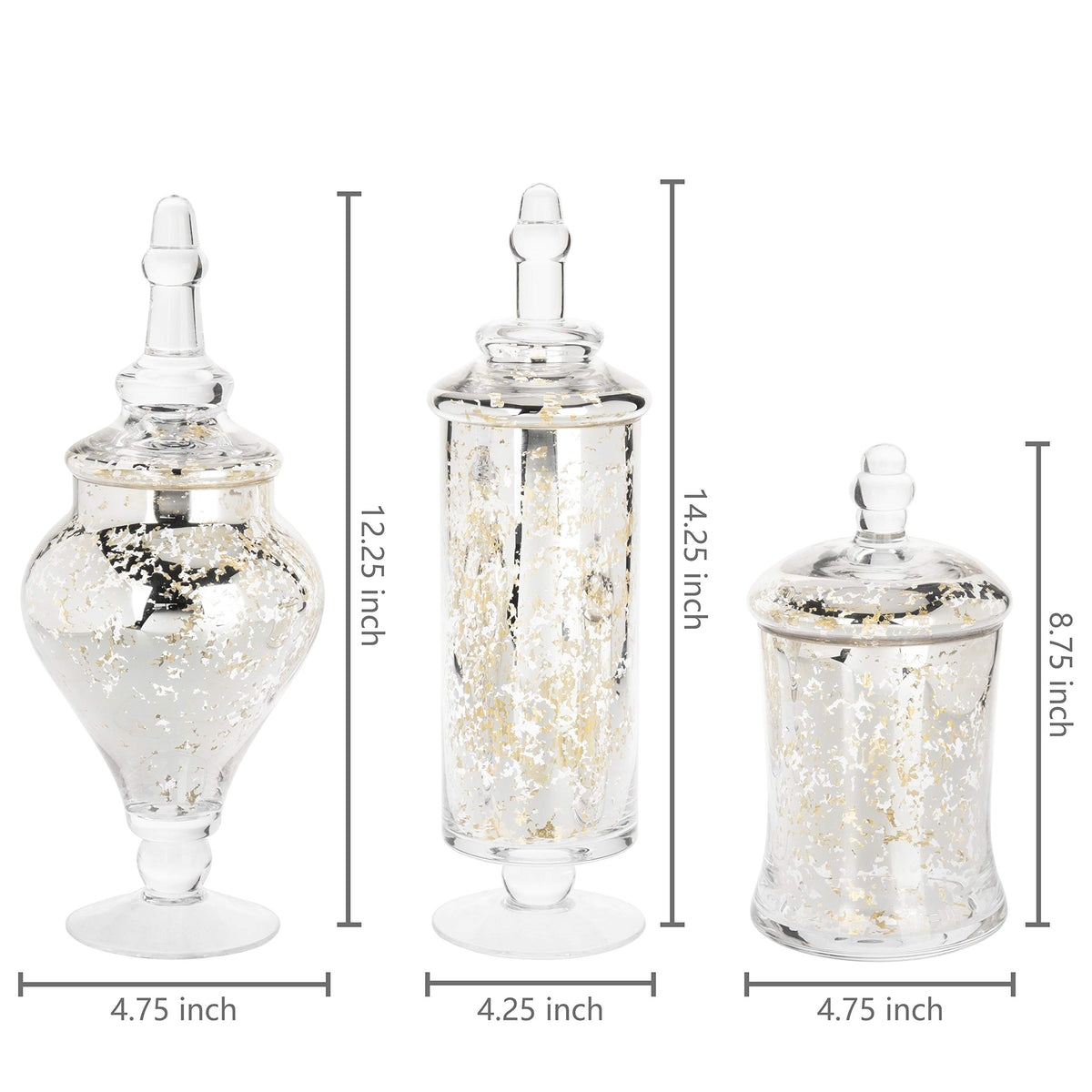 Set of 3 Silver Mercury Glass Apothecary Jars Candy Buffet