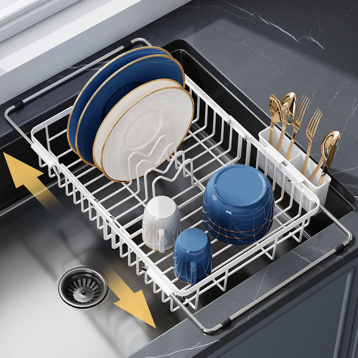 White Dish Drying Rack Over the Sink with Utensil Holder