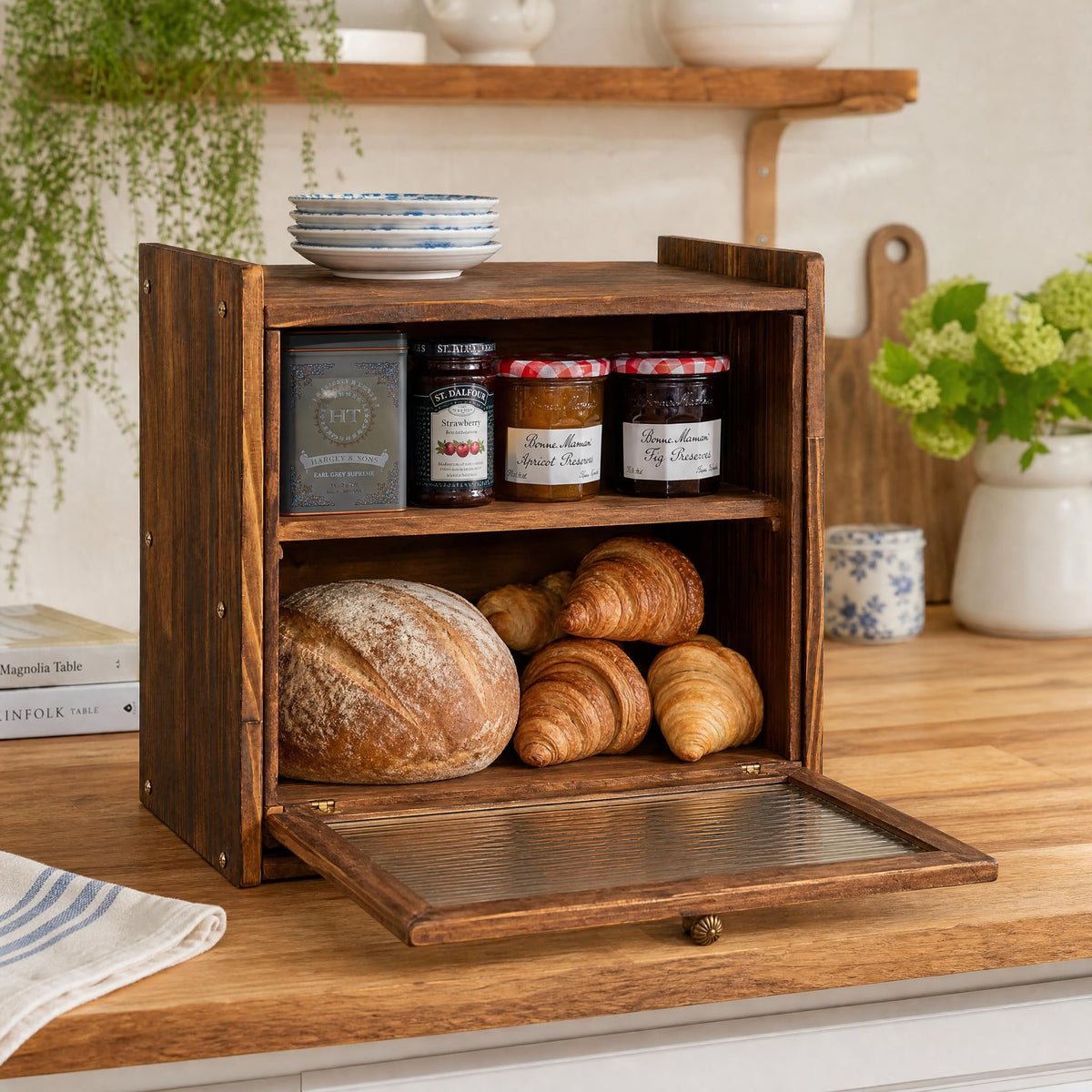 Farmhouse Wooden Bread Box with Fluted Glass Door