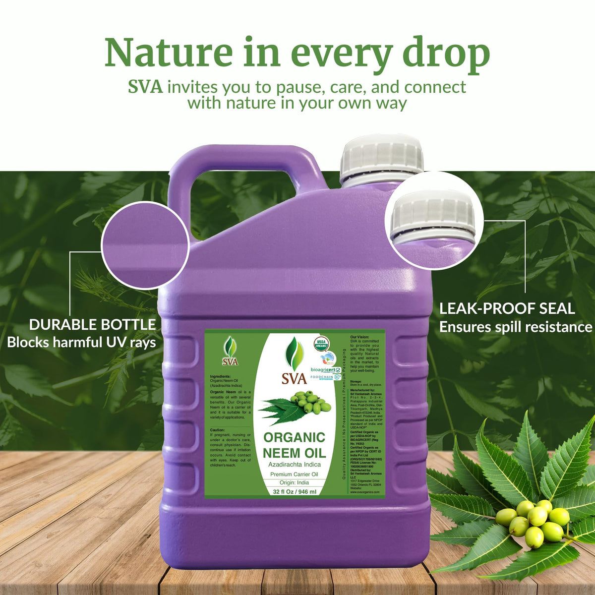 SVA Organic Neem Seed Carrier Oil (32 Fl Oz)