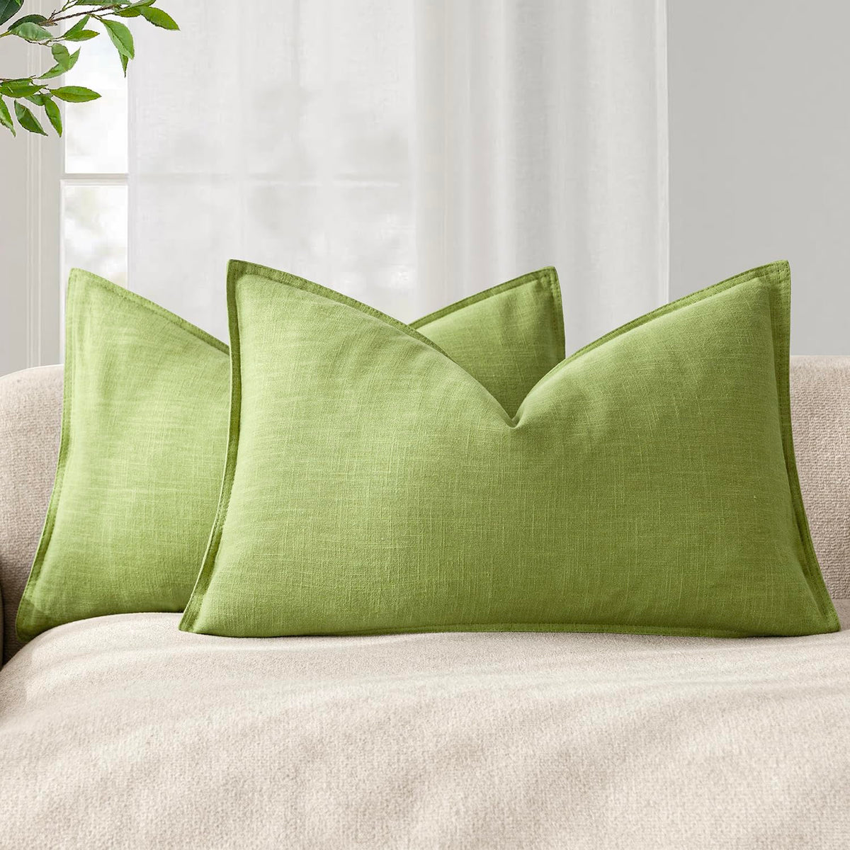 Pack of 2 Decorative Linen Solid Throw Pillow Covers Soft Accent Lumbar Cushion Case Boho Farmhouse Pillowcase for Chair Couch Sofa Bedroom Living Room Home Decor 12 x 20 Inch Lush Green (2 Count)