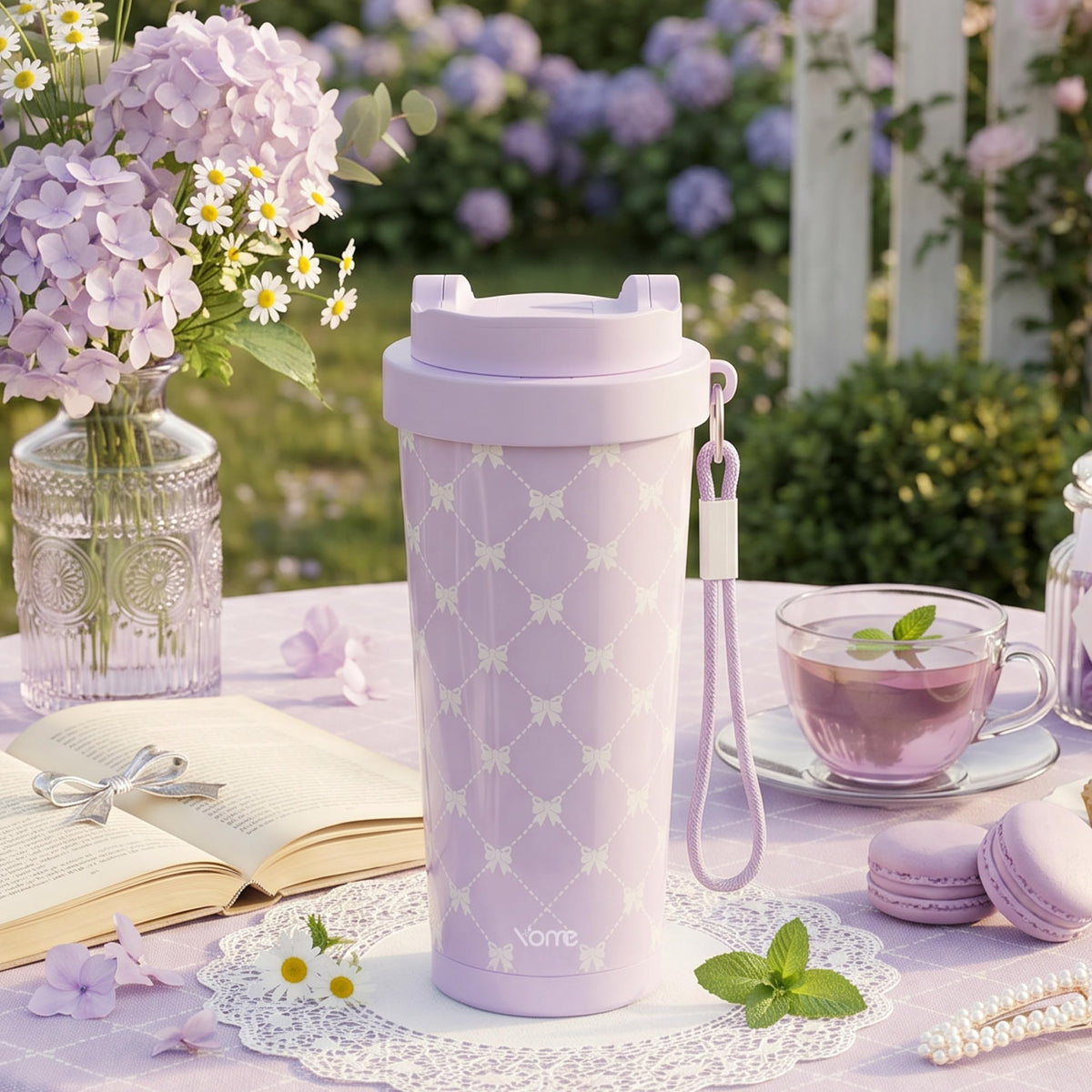 17oz Purple Bow Ceramic Lined Insulated Coffee Mug with Infuser for Women