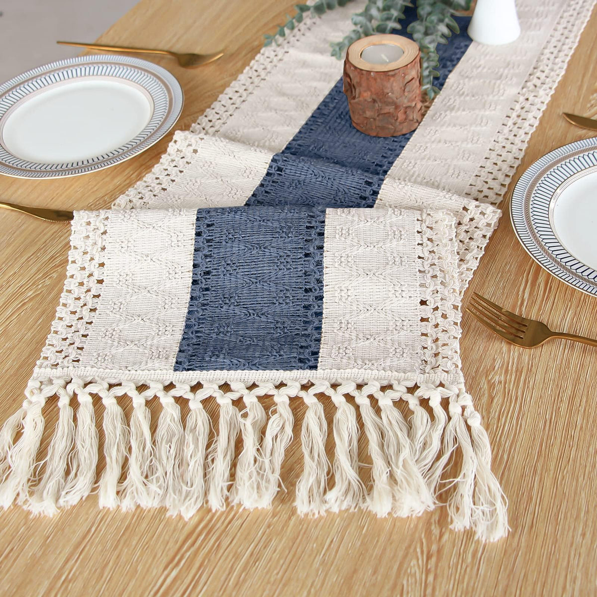 Boho Table Runner for Home Decor 12x48 Blue Fall Rustic Decorations (4 Foot)