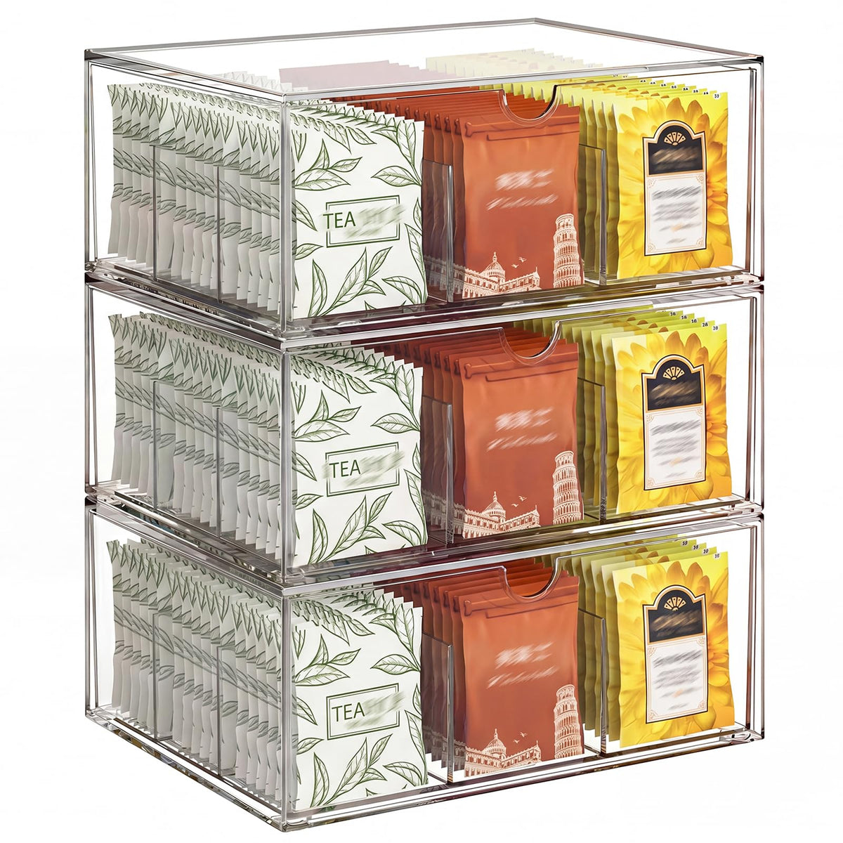 3 Pack Clear Tea Bag Organizer Drawer